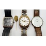 A Sekonda gentlemen's automatic wristwatch, two other dress watches, and an Olympic pin (4)