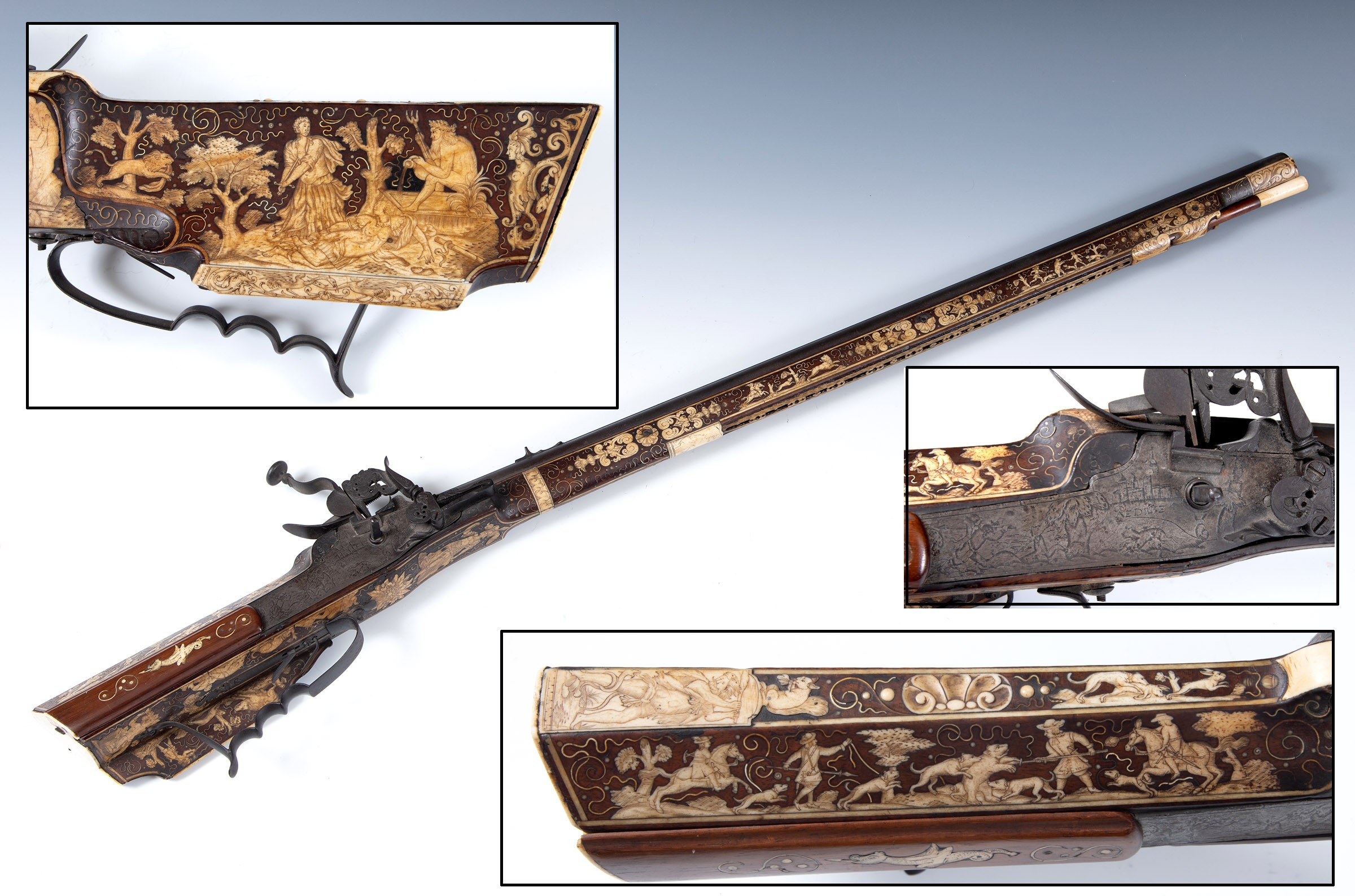 A fine 17th century German wheel lock rifle, having an octagonal barrel of approx. 18 mm and