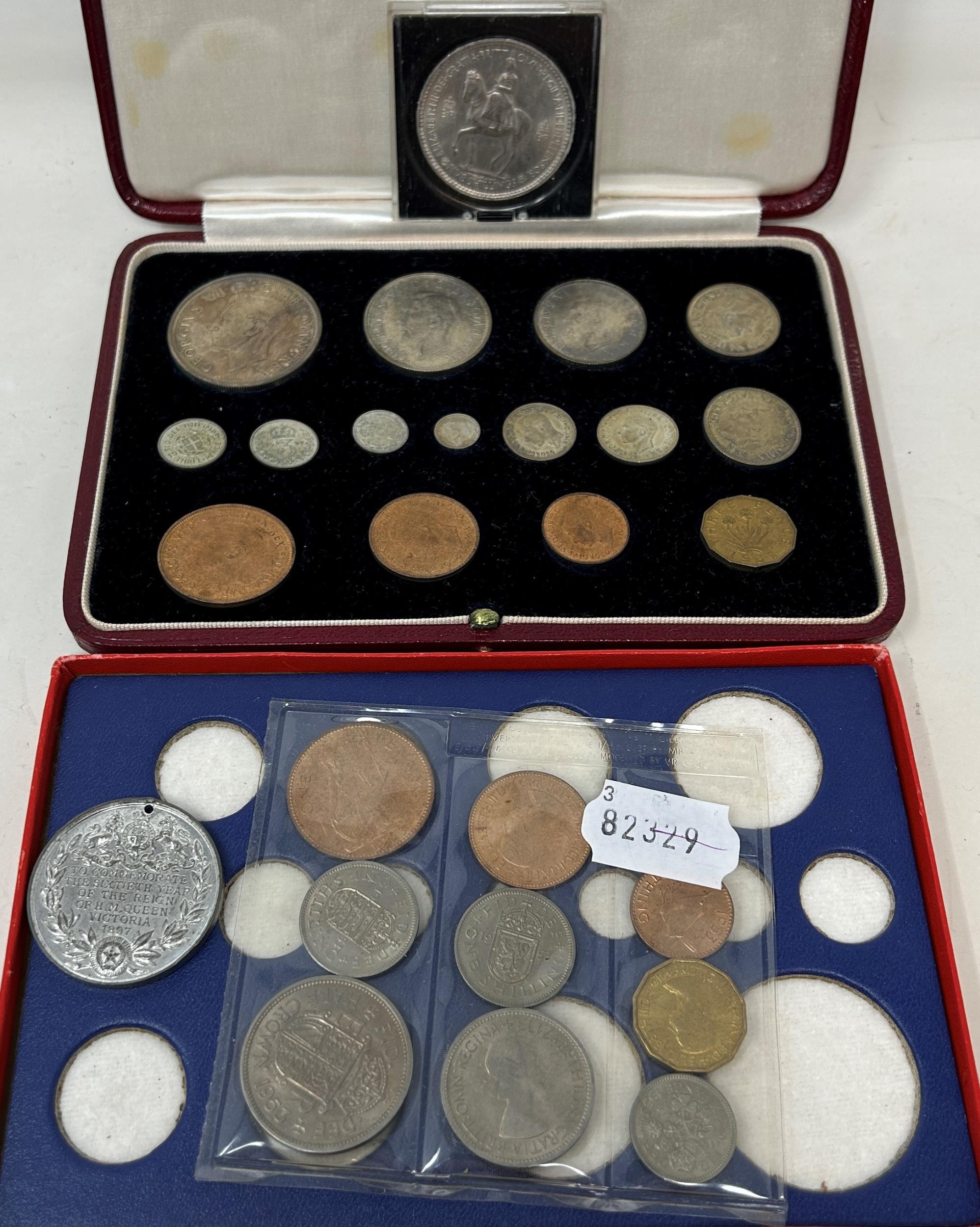 A George VI Specimen coin set, 1937, in a leather case, a spare box, and a small group of other