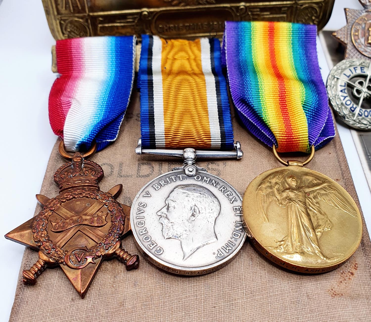 A 1914-15 trio, awarded to 11874 Pte J H Ashworth, Scots Guards, with a Soldiers Small Book, a - Image 2 of 3