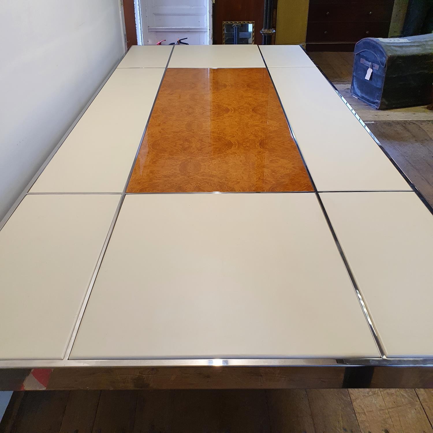 A Bentley Home dining table, in cream leather, walnut and chrome, the rectangular top inset with - Image 3 of 10