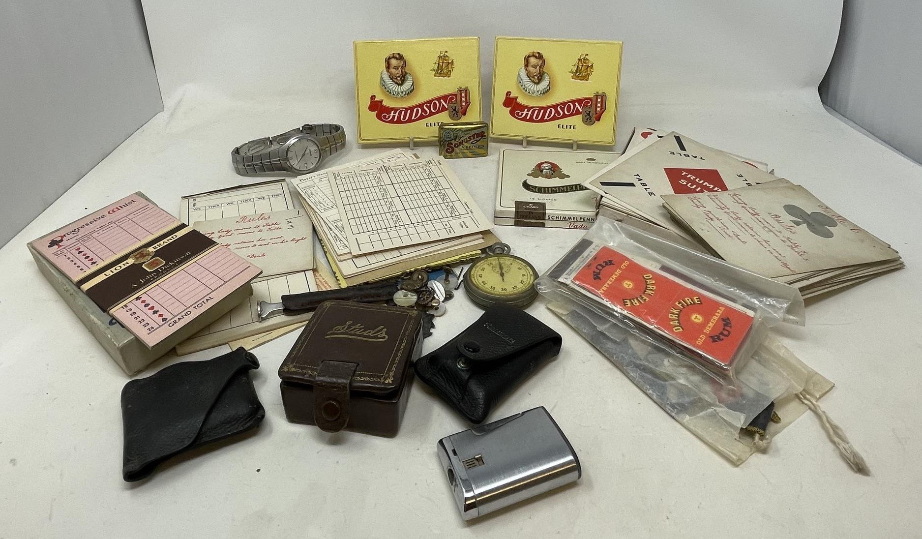 A silver plated pocket watch, assorted cufflinks, three packs of cigars, and assorted ephemera (box) - Image 2 of 2