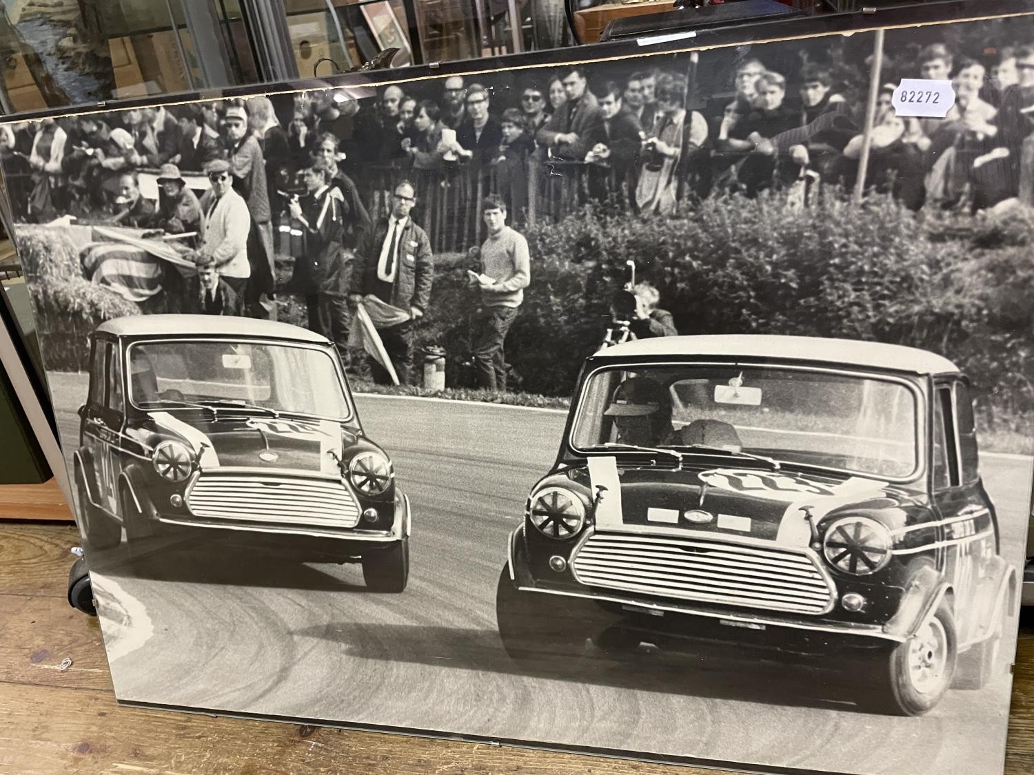 After Graham Turner, a print, 1938 Donnington Grand Prix, 30 x 38 cm, a photograph of two Minis
