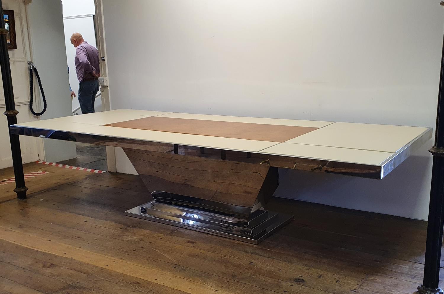 A Bentley Home dining table, in cream leather, walnut and chrome, the rectangular top inset with - Image 5 of 10