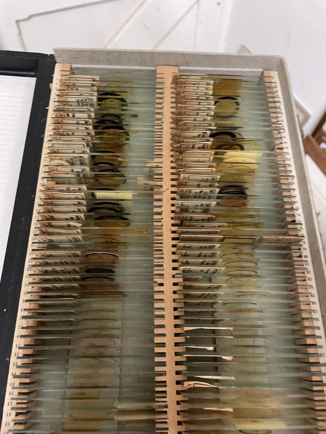 A collection of microscope slides, assorted books and a pine chest (qty)