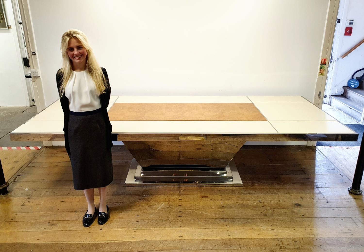 A Bentley Home dining table, in cream leather, walnut and chrome, the rectangular top inset with - Image 2 of 10