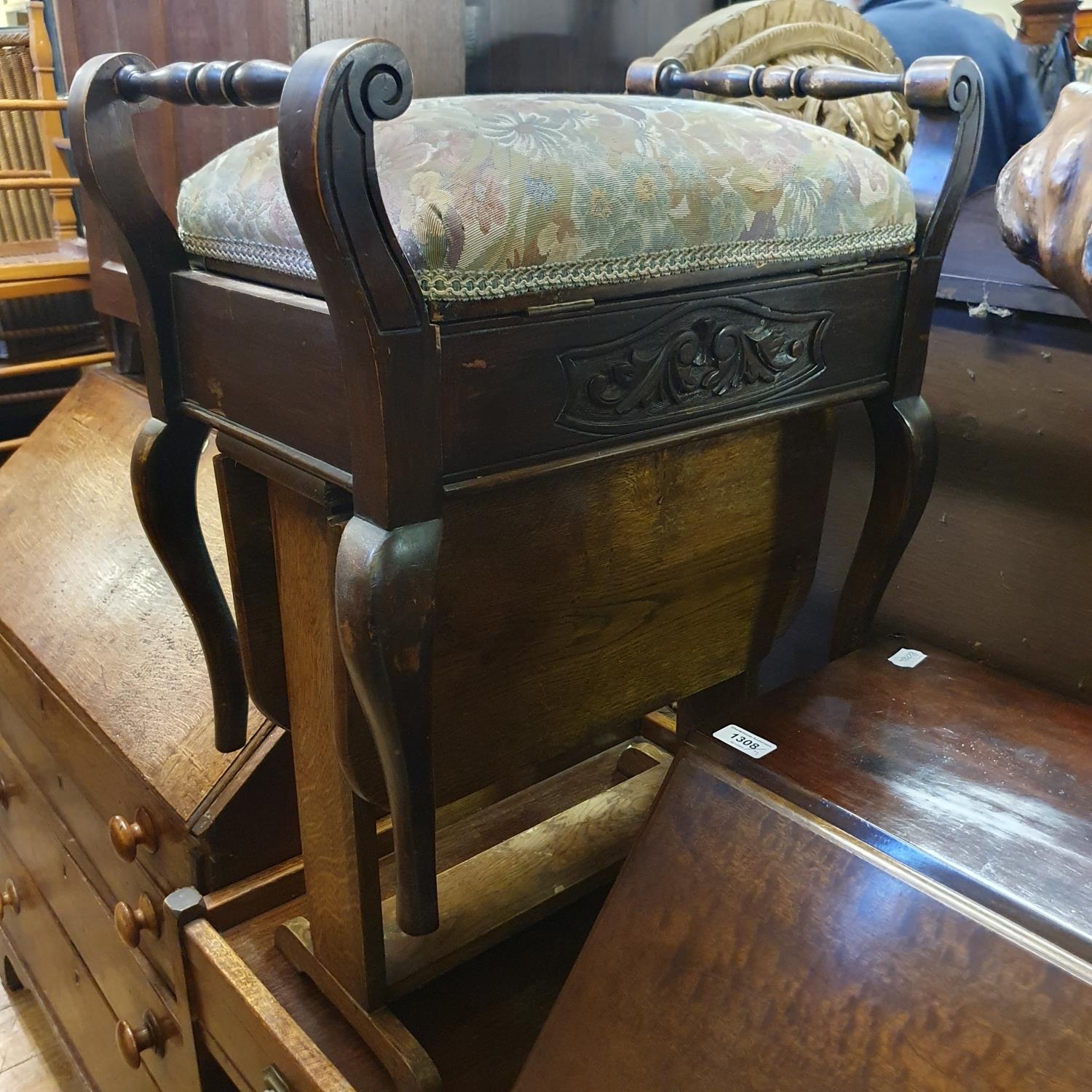 A mahogany bureau, 74 cm wide, an oak cabinet, a piano stool, a drop leaf table, a trolley, sewing - Image 4 of 6
