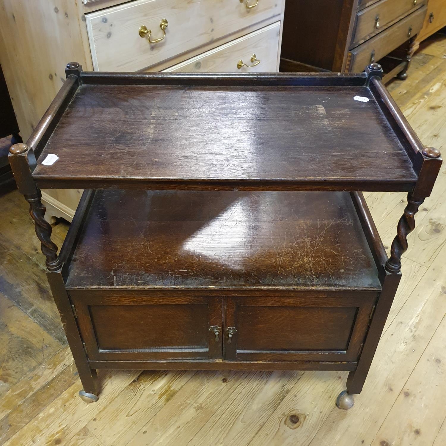 An oak tambour front desk, 128 cm wide, in need of extensive restoration, a mahogany display - Image 5 of 5