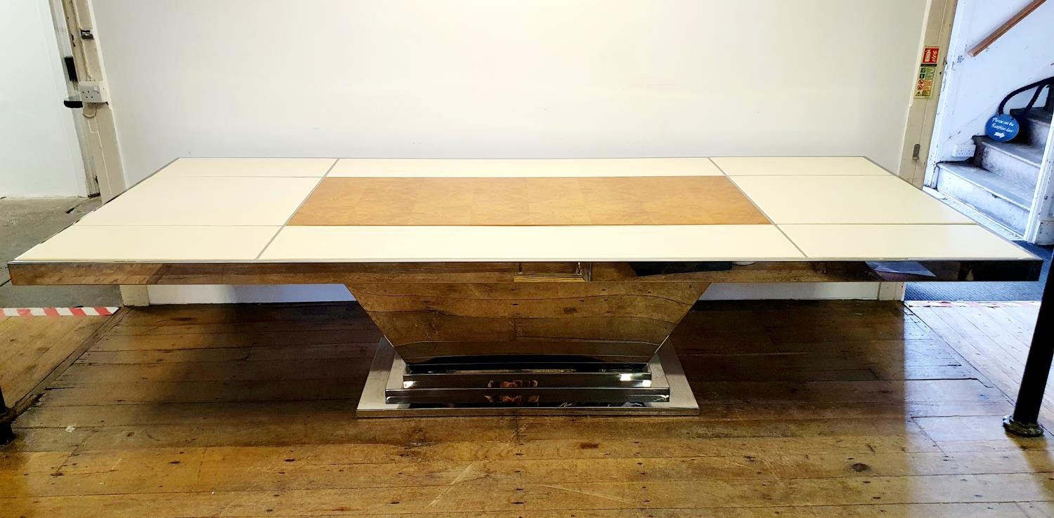 A Bentley Home dining table, in cream leather, walnut and chrome, the rectangular top inset with - Image 6 of 10
