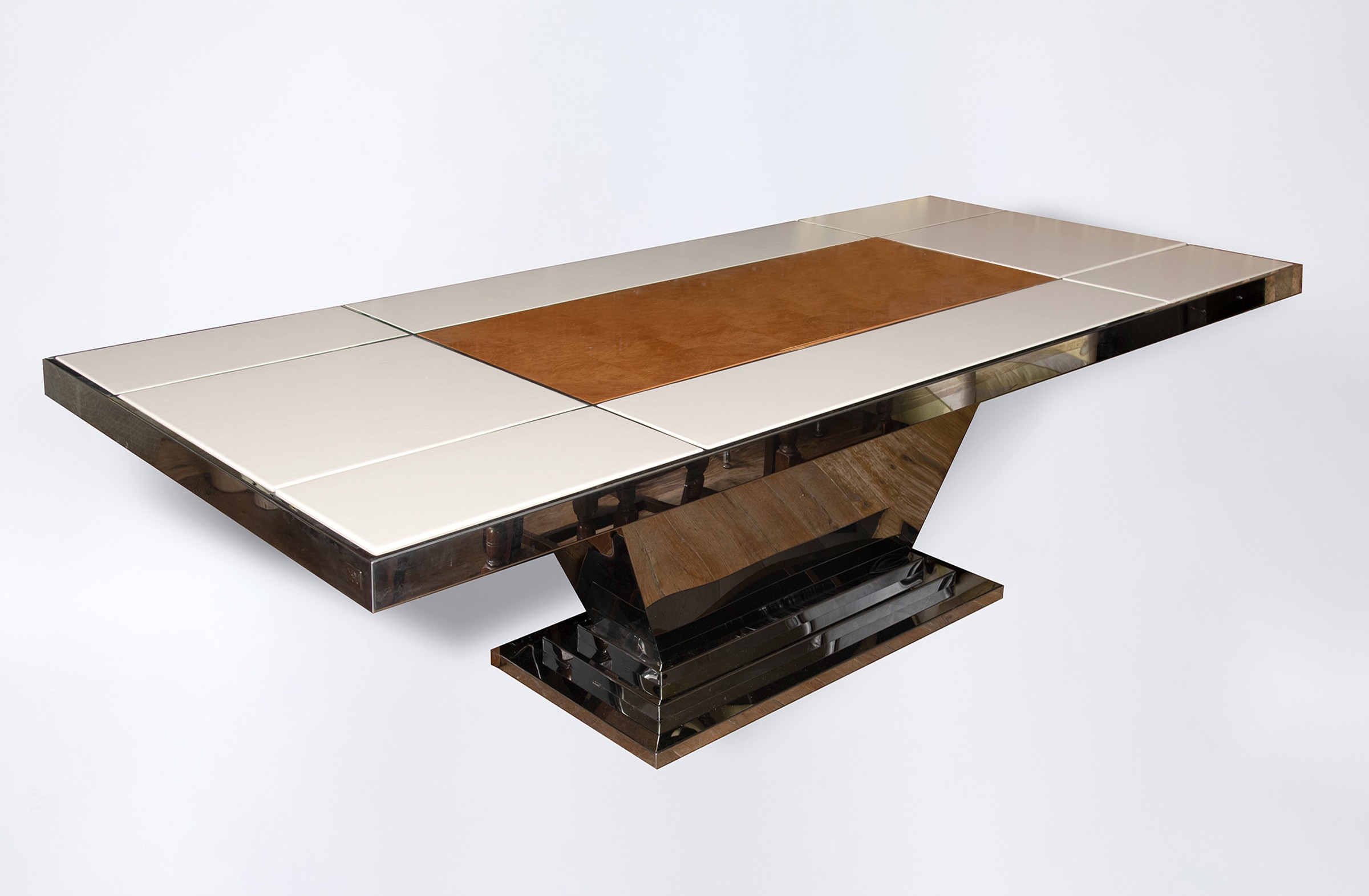 A Bentley Home dining table, in cream leather, walnut and chrome, the rectangular top inset with - Image 4 of 10