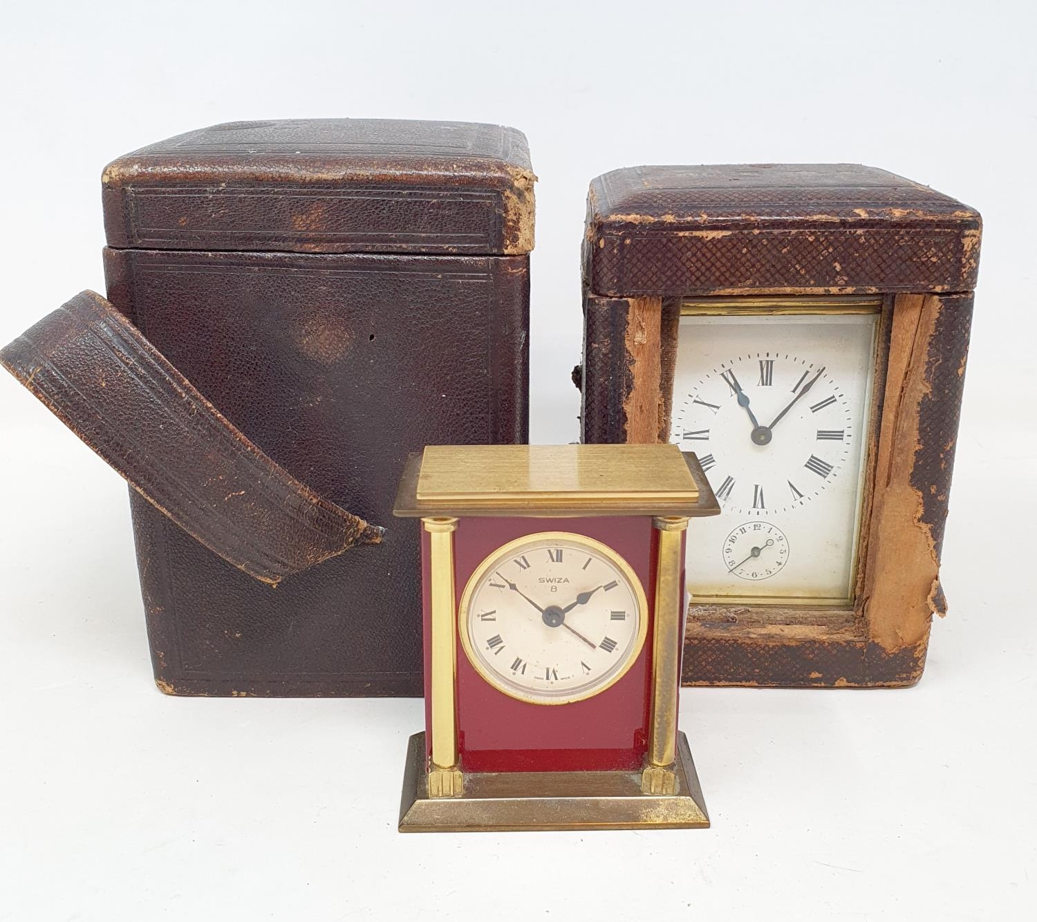 A carriage clock, the 5.5 cm wide enamel dial with Roman numerals, and a subsidiary alarm dial, in a - Image 5 of 5