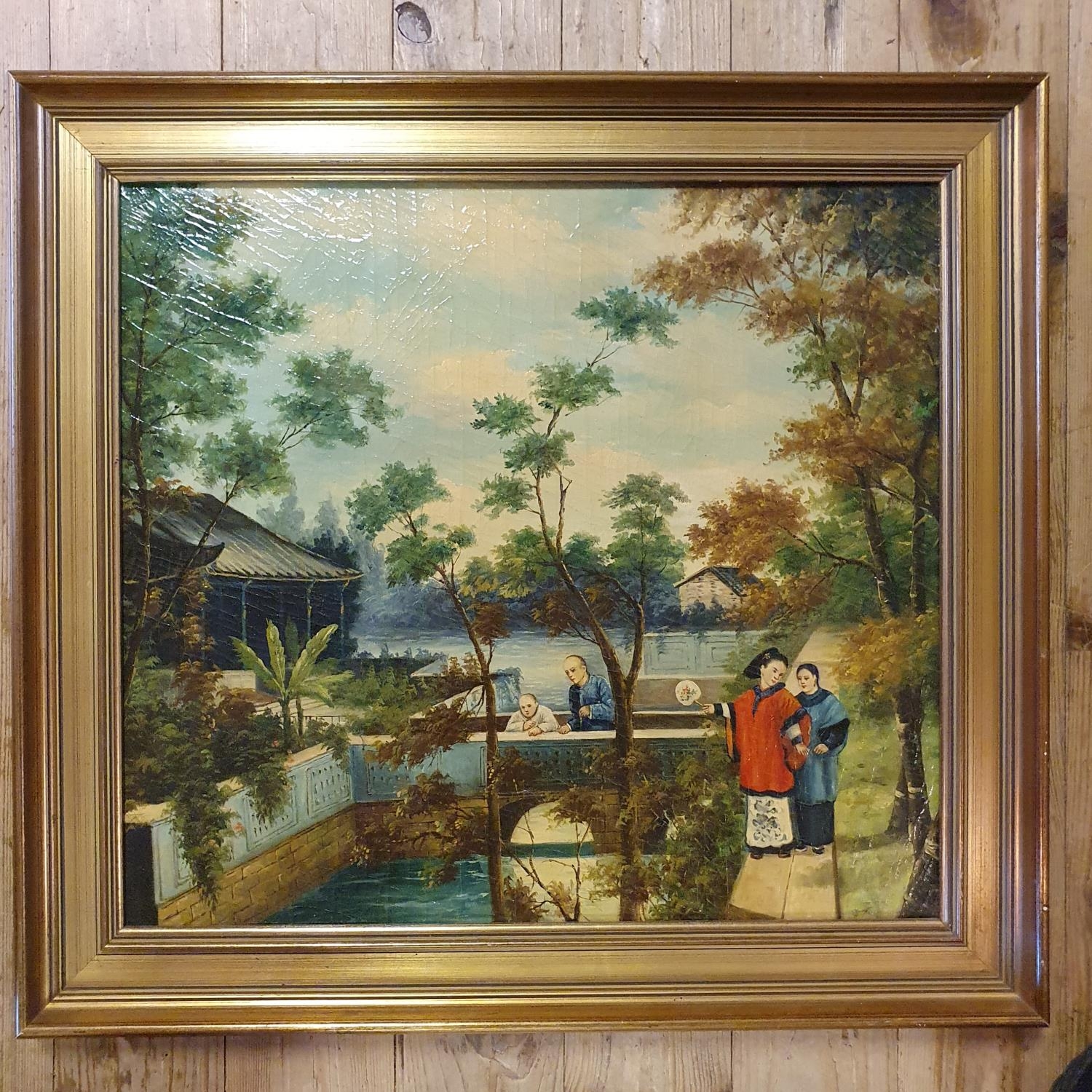 An Asian garden with figures, oil on canvas, 48 x 53 cm - Image 2 of 3