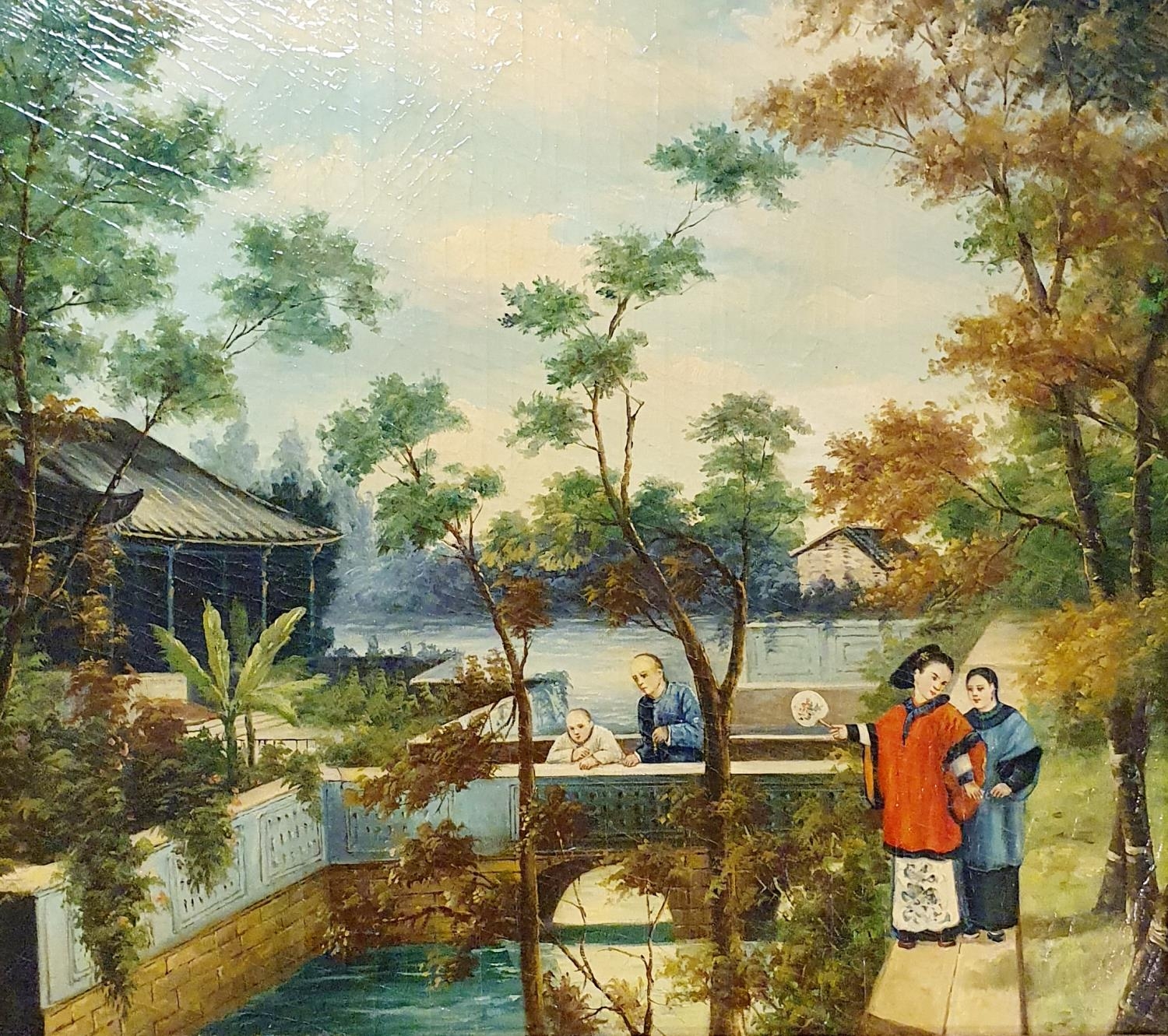 An Asian garden with figures, oil on canvas, 48 x 53 cm