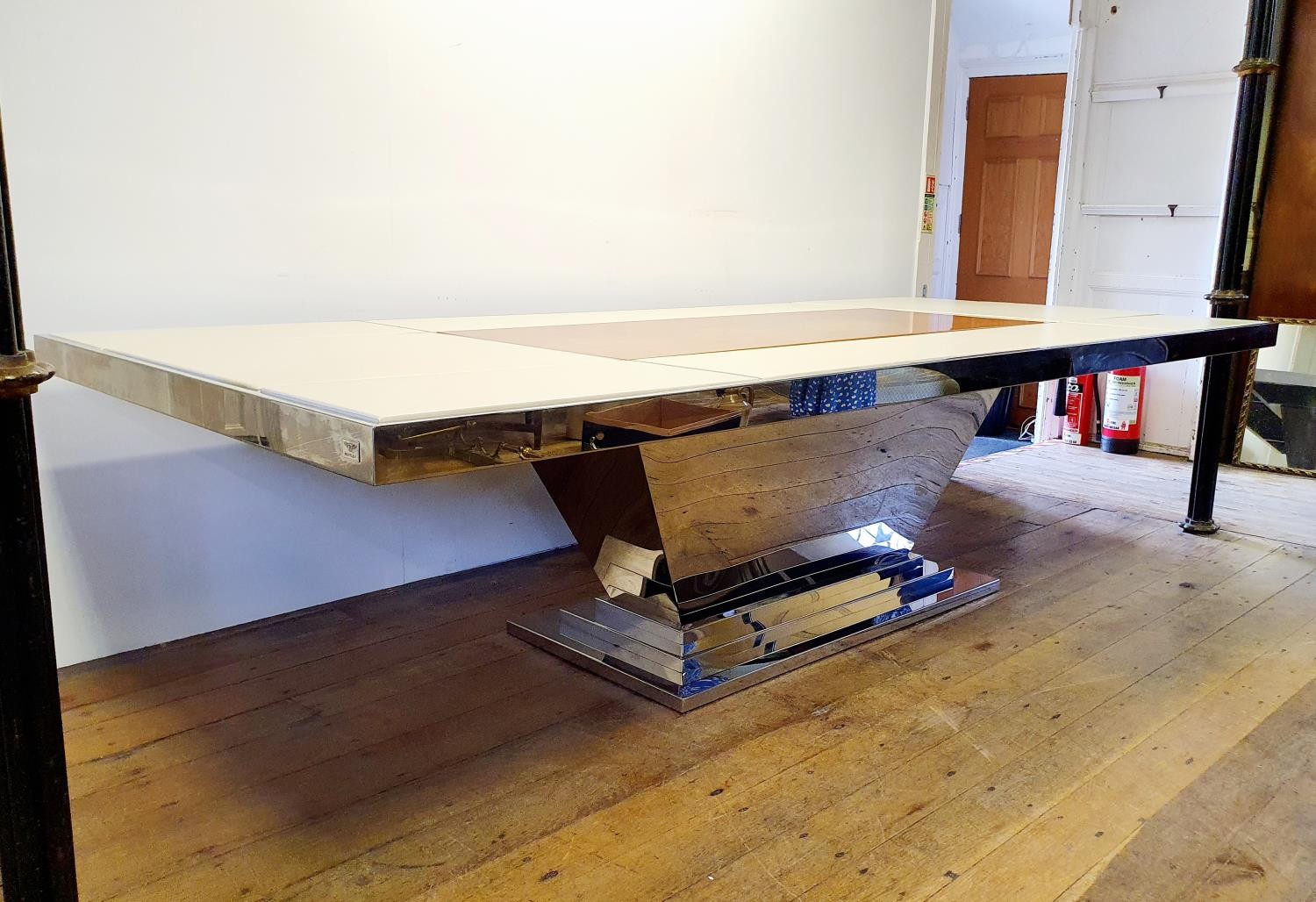 A Bentley Home dining table, in cream leather, walnut and chrome, the rectangular top inset with - Image 8 of 10