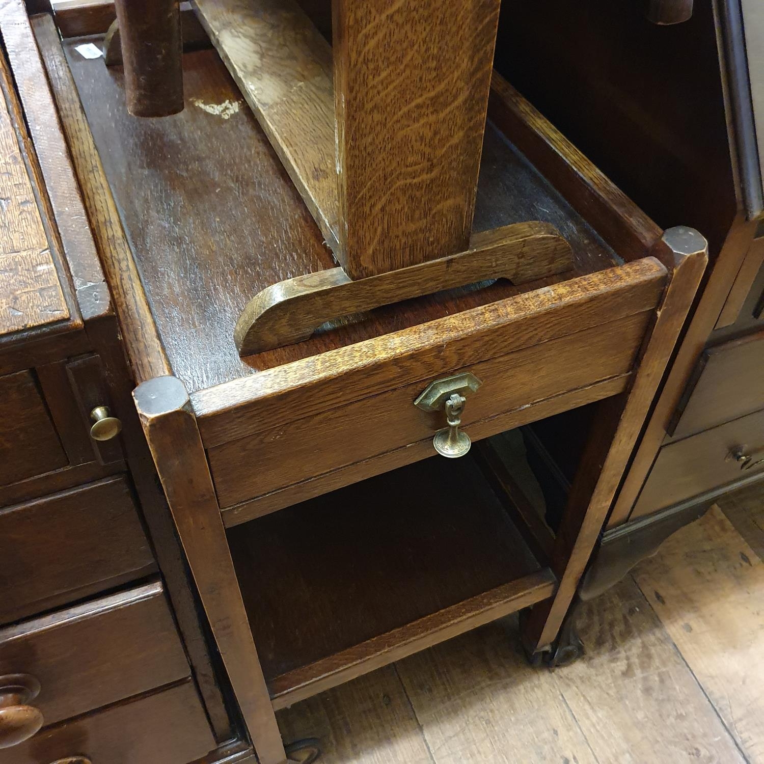 A mahogany bureau, 74 cm wide, an oak cabinet, a piano stool, a drop leaf table, a trolley, sewing - Image 6 of 6