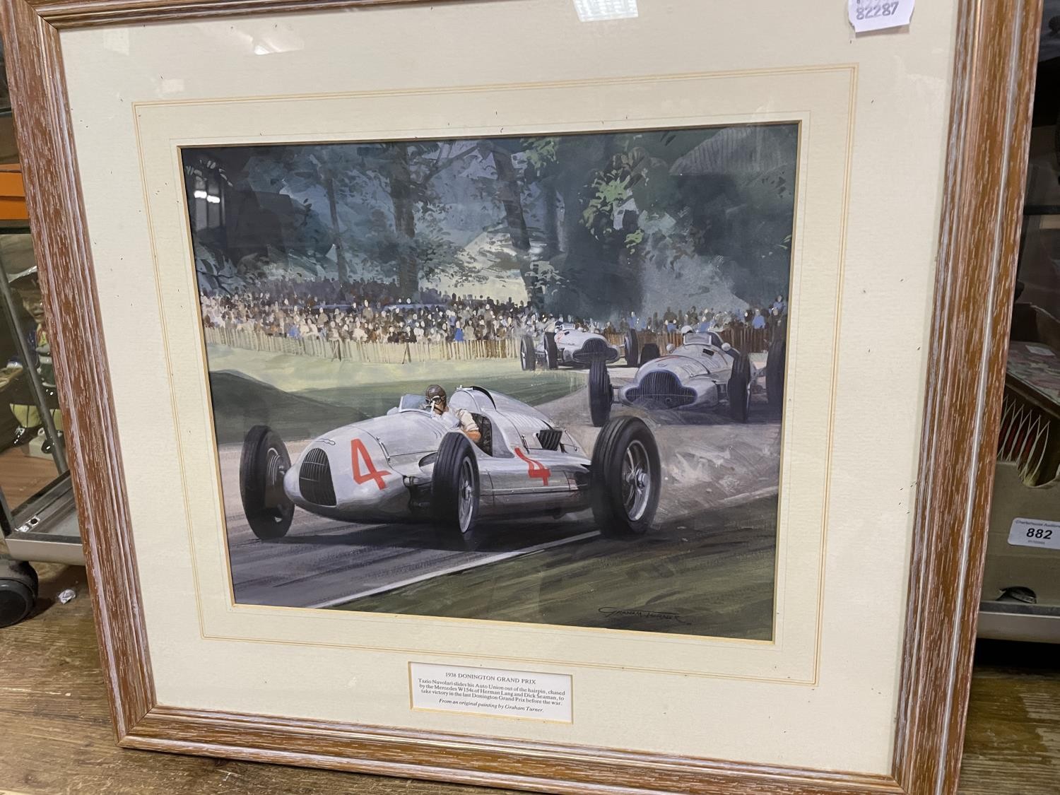 After Graham Turner, a print, 1938 Donnington Grand Prix, 30 x 38 cm, a photograph of two Minis - Image 5 of 7