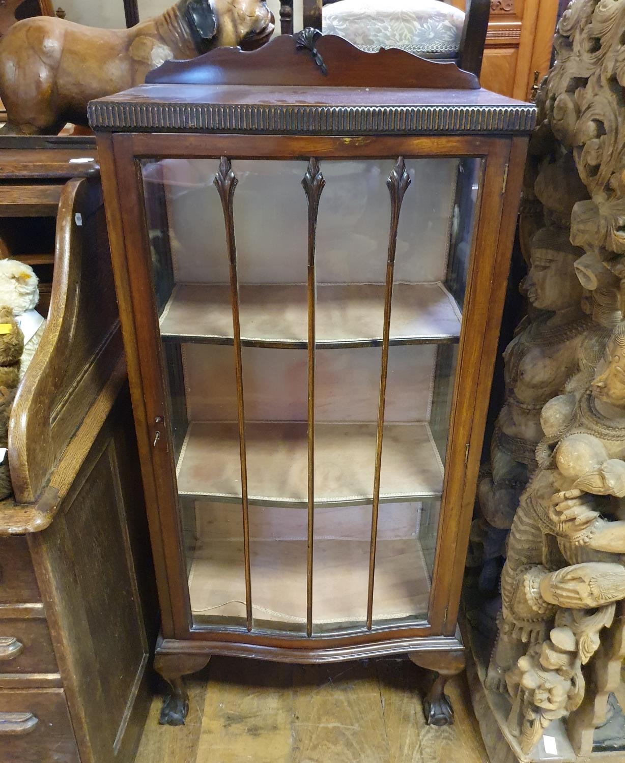 An oak tambour front desk, 128 cm wide, in need of extensive restoration, a mahogany display - Image 4 of 5