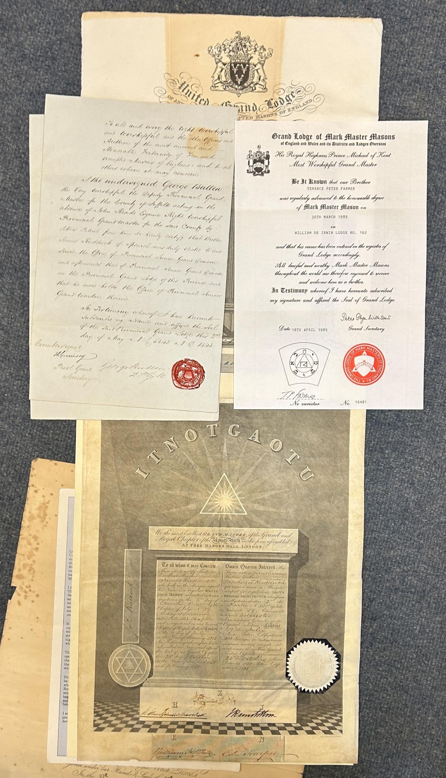 ***Regretfully Withdrawn***A collection of ten Masonic initiation certificates, including Knights