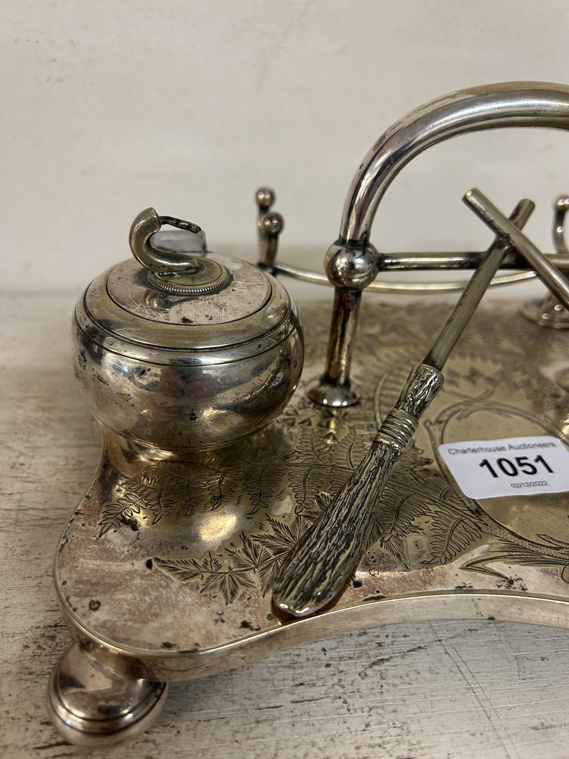 An unusual desk stand, the inkwells in the form of curling stones, with brooms, 25 cm wide - Image 2 of 3