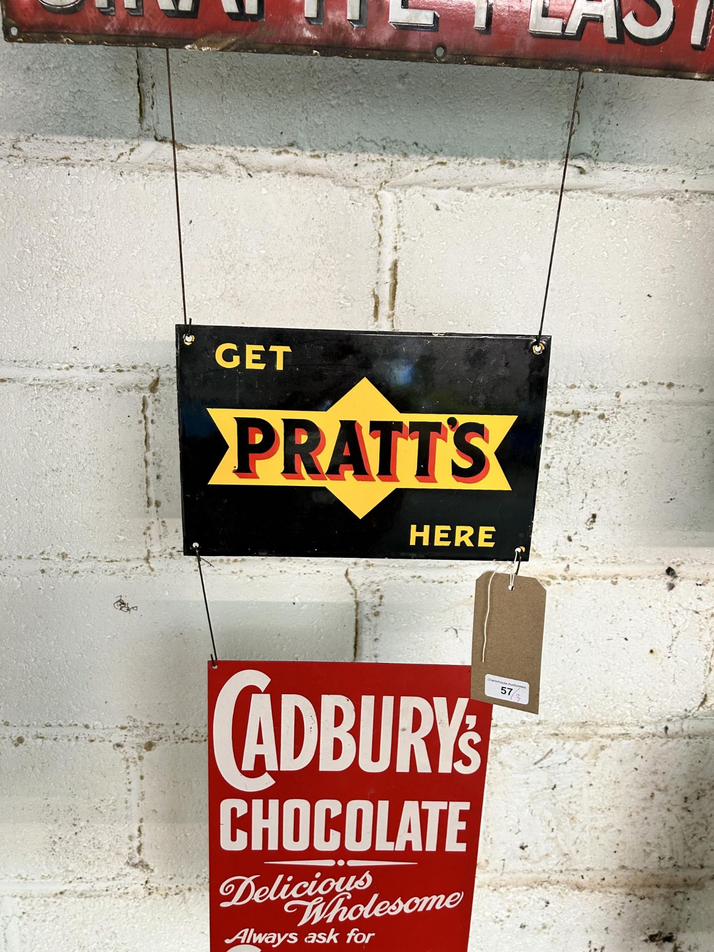 A Sirapite Plaster enamel sign, approx. 59 cm wide, and two reproduction signs (3) Being sold - Image 3 of 4