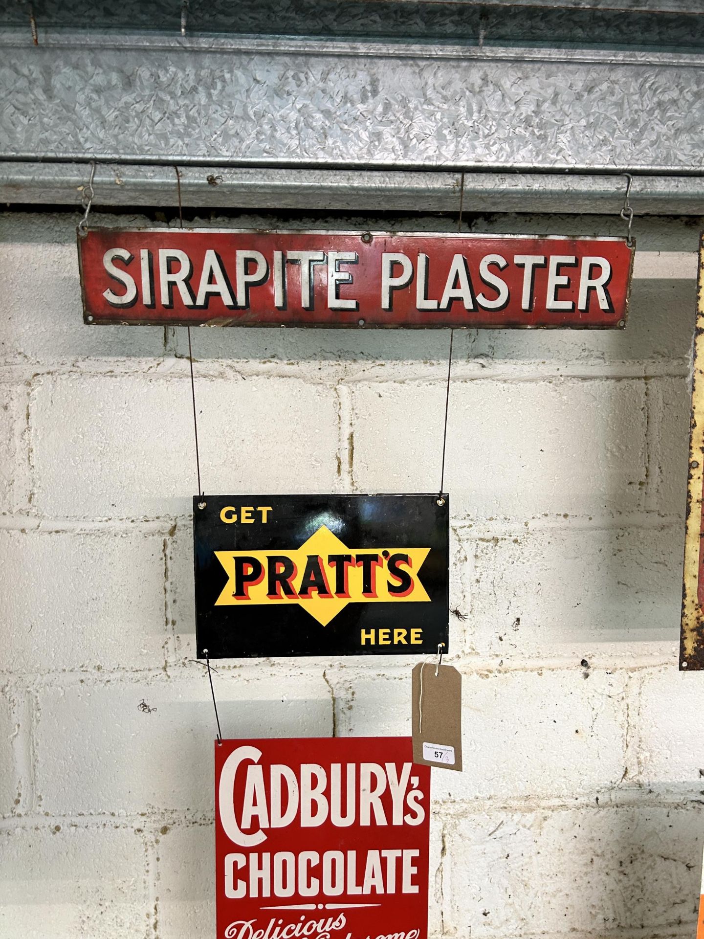 A Sirapite Plaster enamel sign, approx. 59 cm wide, and two reproduction signs (3) Being sold - Image 2 of 4