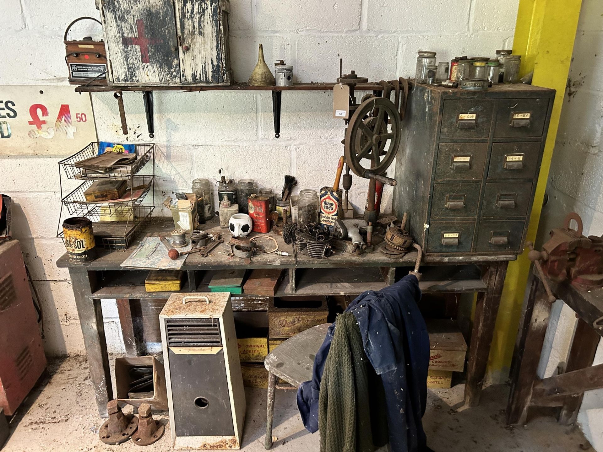 The workshop and other items, removed from John Pearson's garage, including tools, a work bench, and