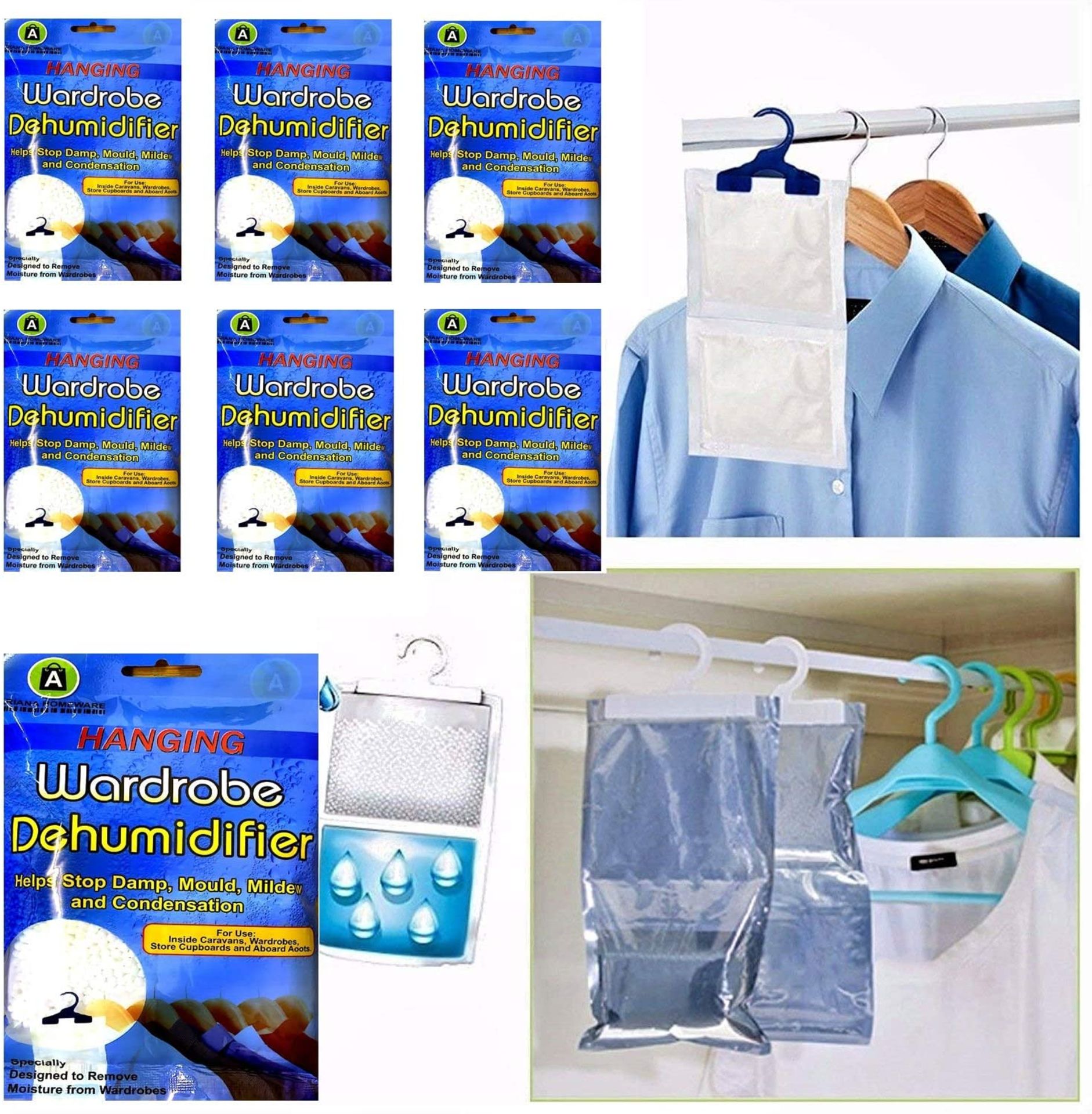 RRP - £4.85 6 x Hanging Wardrobe Dehumidifier Stop Moisture Humid Remover Dehumidifiers for Damp, Mo