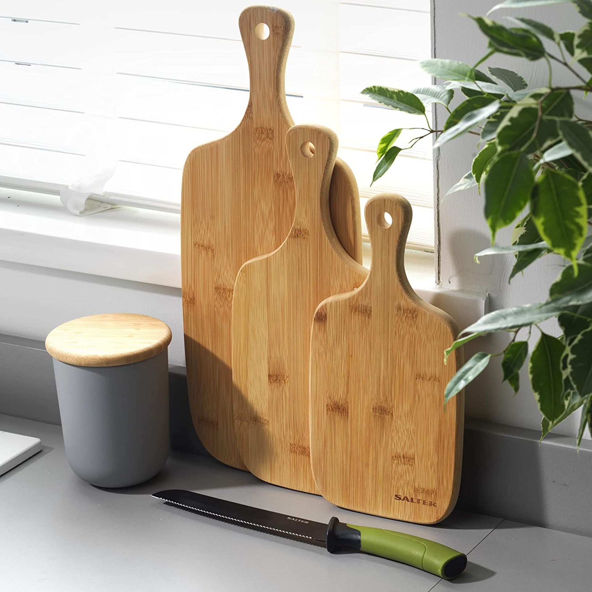 RRP - £17.99 Salter BW06732 Bamboo Paddle Chopping Set, 3 Piece Boards, 30/35/45