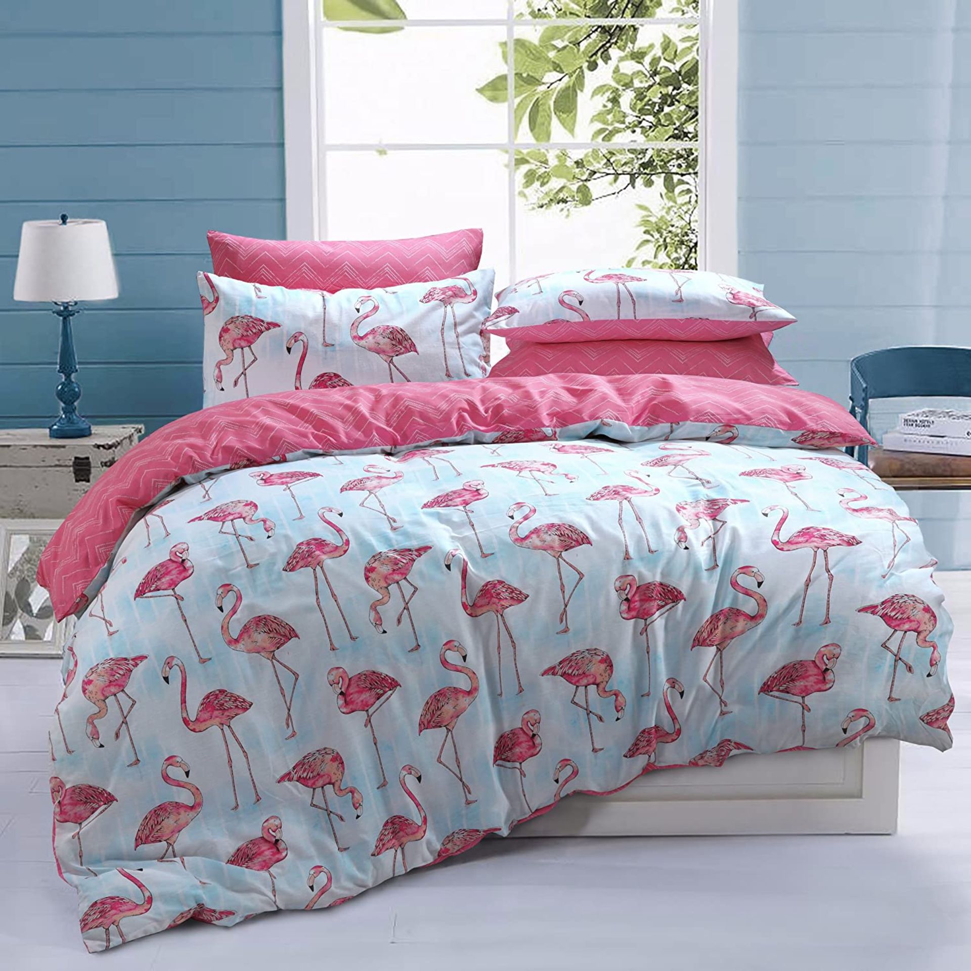 RRP - £17.03 Sleepdown Flamingo Pink Stripe Reversible Duvet Cover Quilt Bedding set