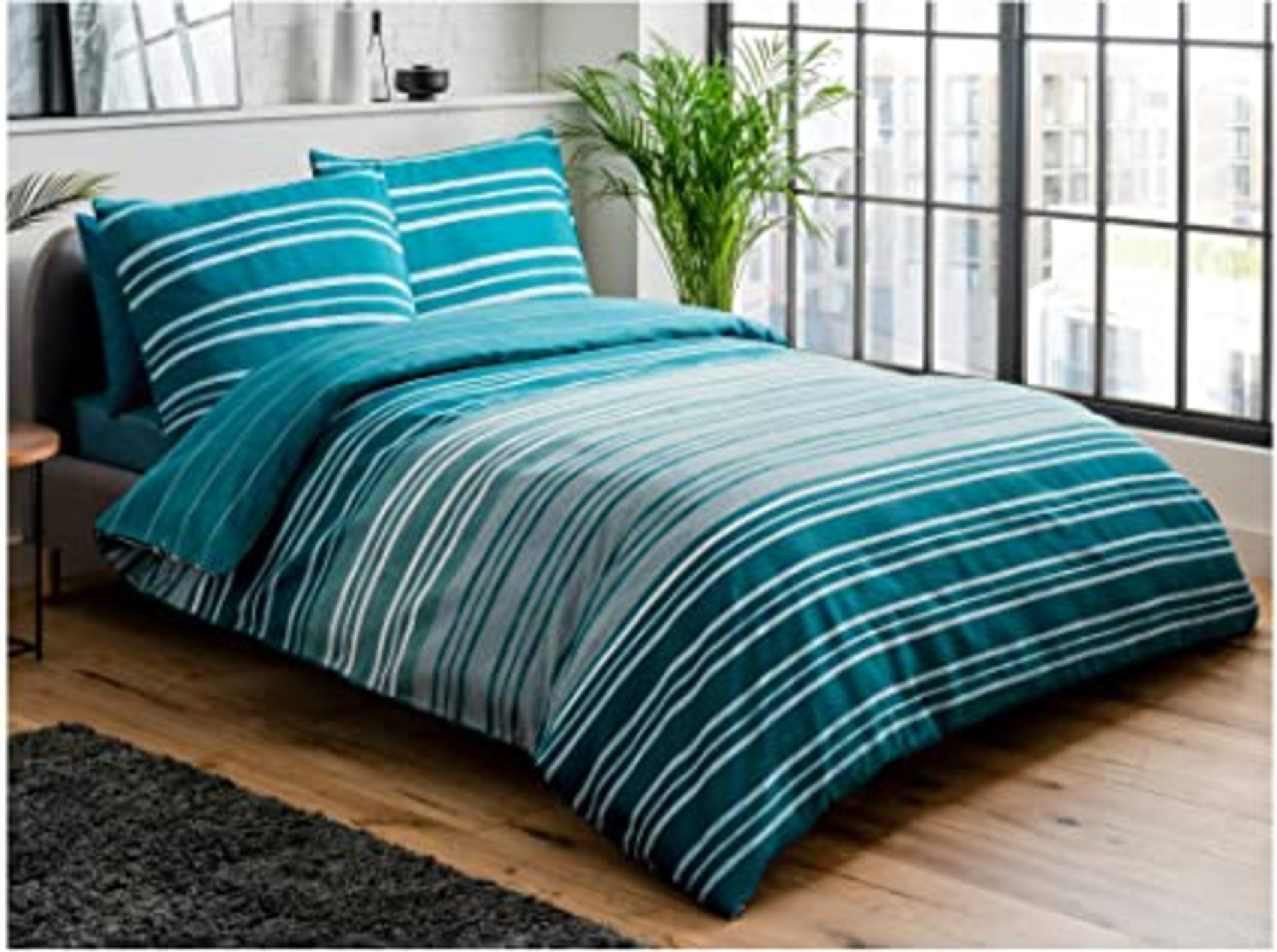 RRP - £14.20 Sleepdown Textured Stripe Teal Soft Duvet Cover Quilt Bedding Set