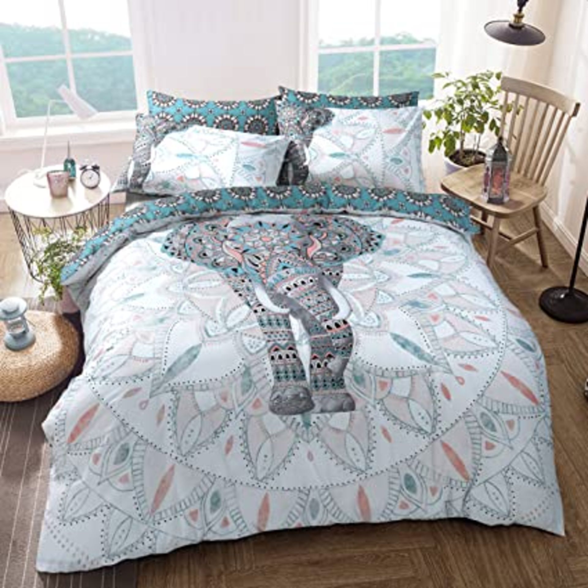 RRP - £14.30 Sleepdown Elephant Mandala Teal Bed Reversable Quilt Duvet Cover Set