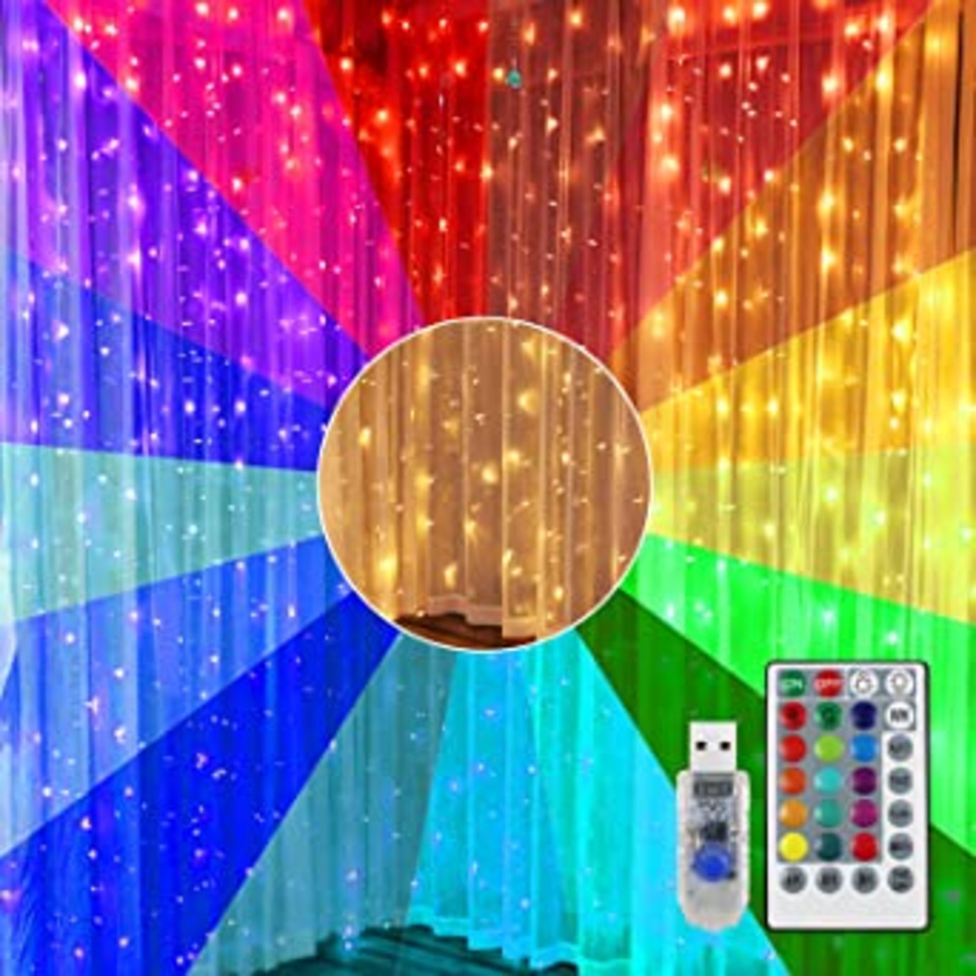 RRP - £17.49 3M X 2M Backdrop Rainbow Curtain Lights Window Fairy Lights 17 Colours