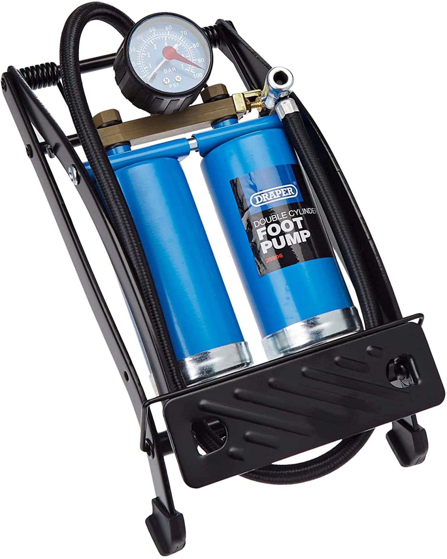 RRP - £18.95 Draper 25996 Double Twin Cylinder Foot Pump with Gauge 890004, Blue