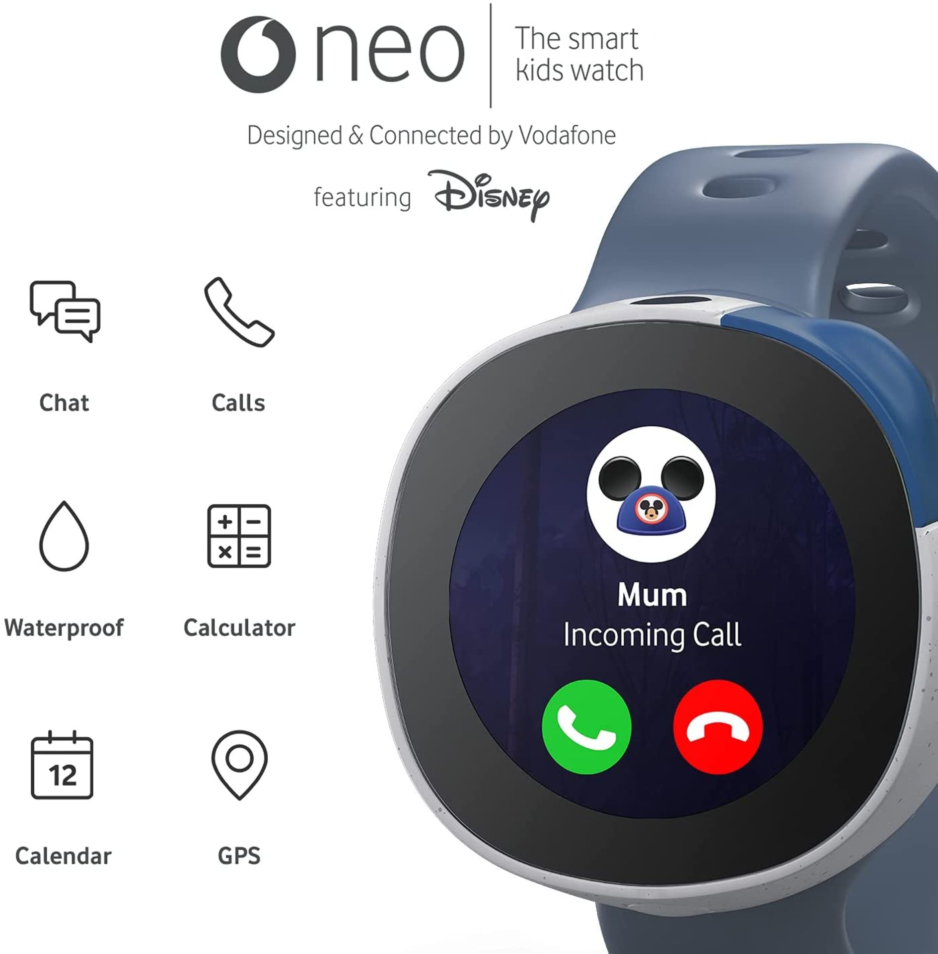 RRP - £131.59 Vodafone Neo, Kids Smart Watch featuring Disney, Calls, Chat