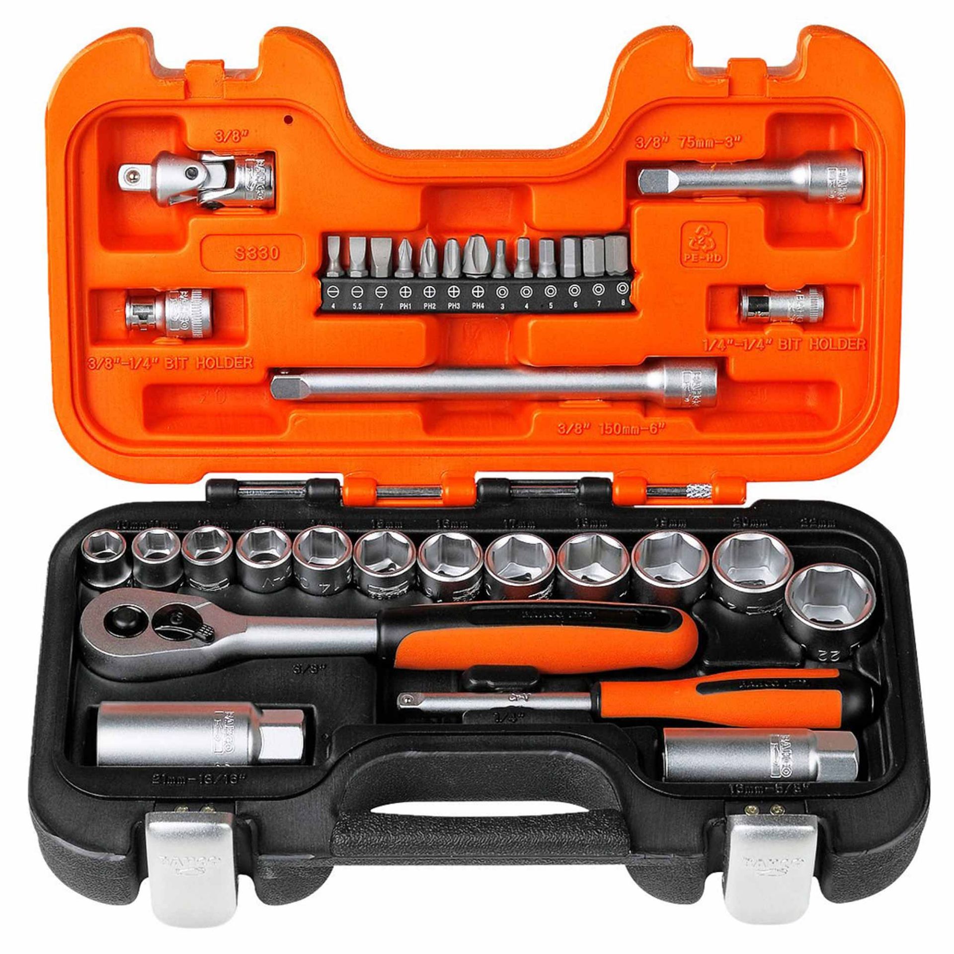 RRP-£26 Bahco S330 Socket Set 34 Piece 1/4 and 3/8 Square Drive