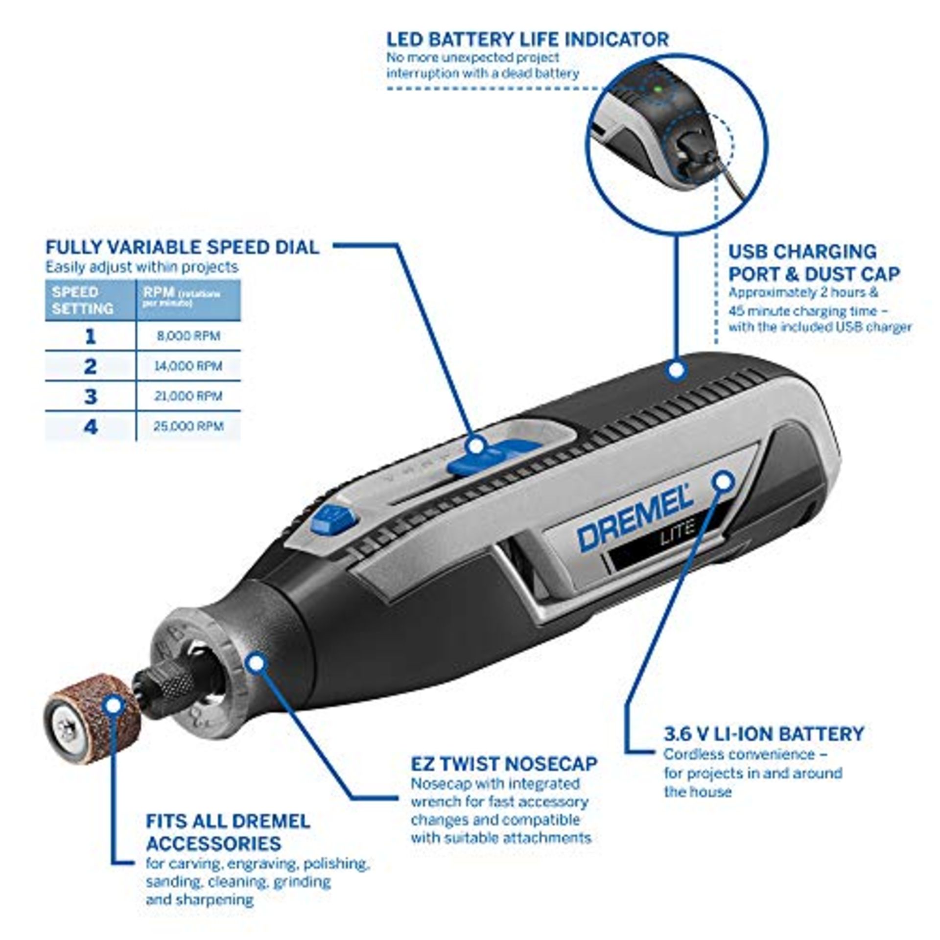 RRP-£60 Dremel Lite 7760 Cordless Rotary Tool Li-Ion 3.6 V, Multi Tool Kit with 15 Accessories, Vari