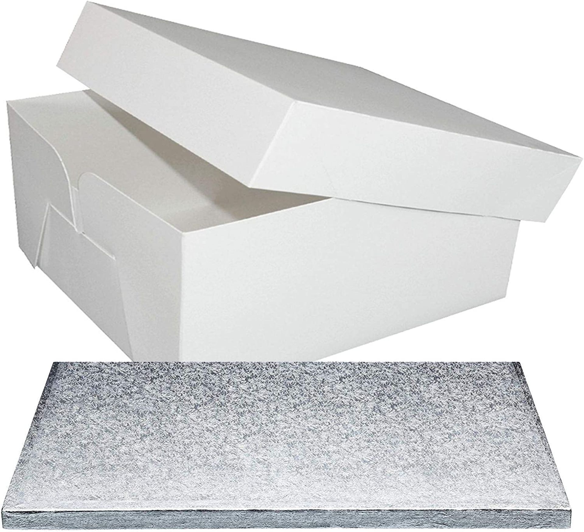 RRP-£6 Culpitt 16" x 12" (406 x 304mm) Cake Board & White Cake Box Combo, Oblong Silver Fern Cake Dr