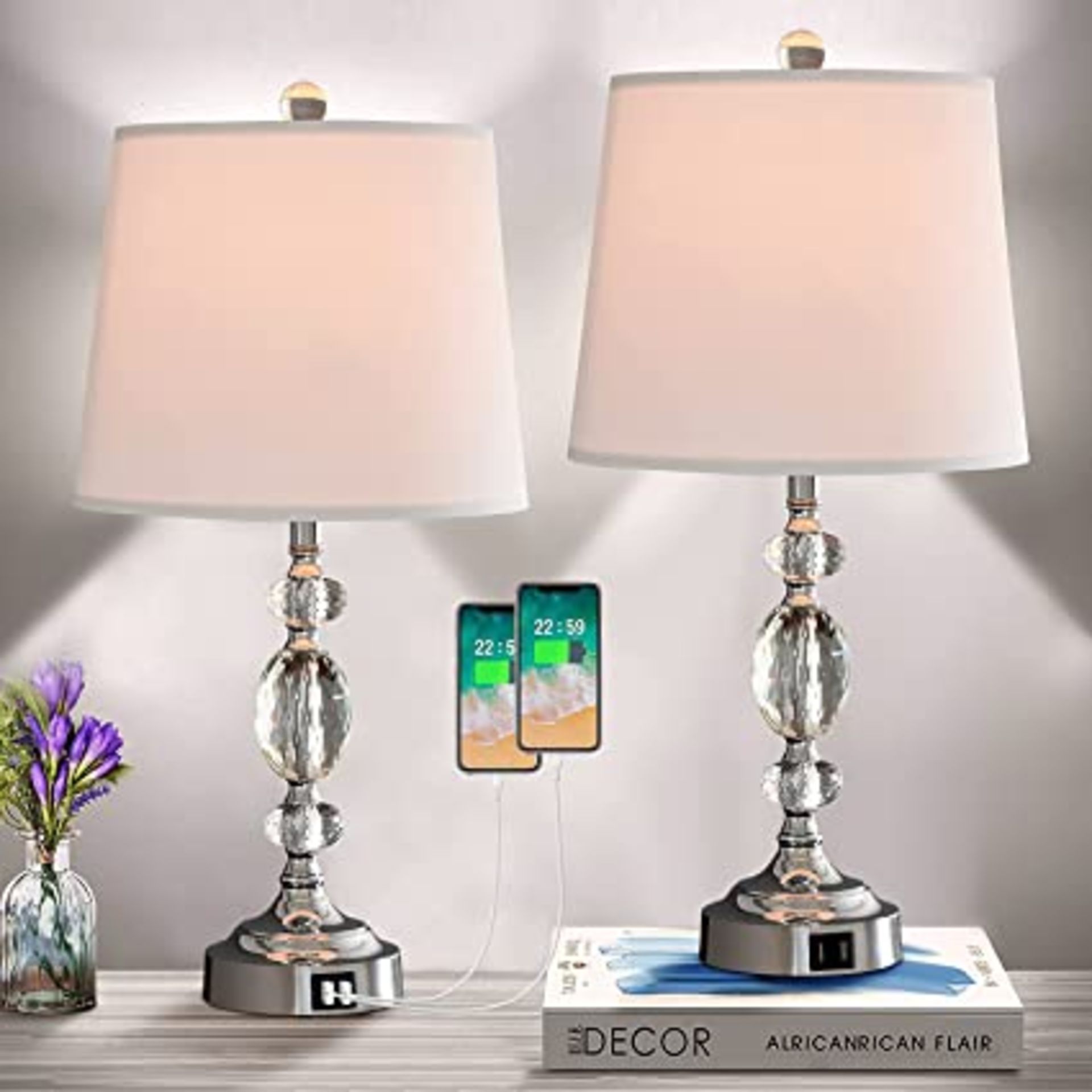 RRP-£60 Pauwer Clear Crystal Table Lamps Set of 2 with Double USB Charging Port Modern Bedside Table