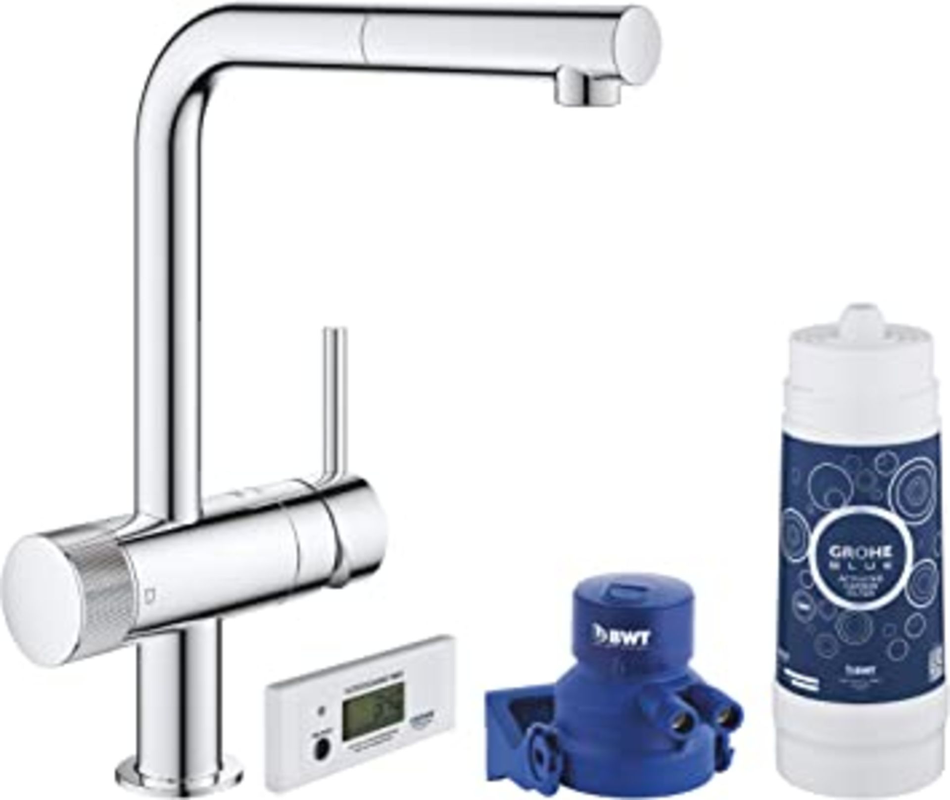 RRP-£520 GROHE Blue Pure Minta Starter Kit, Rubinetto per Lavello Cucina, Satinato, Bocca a "L", con