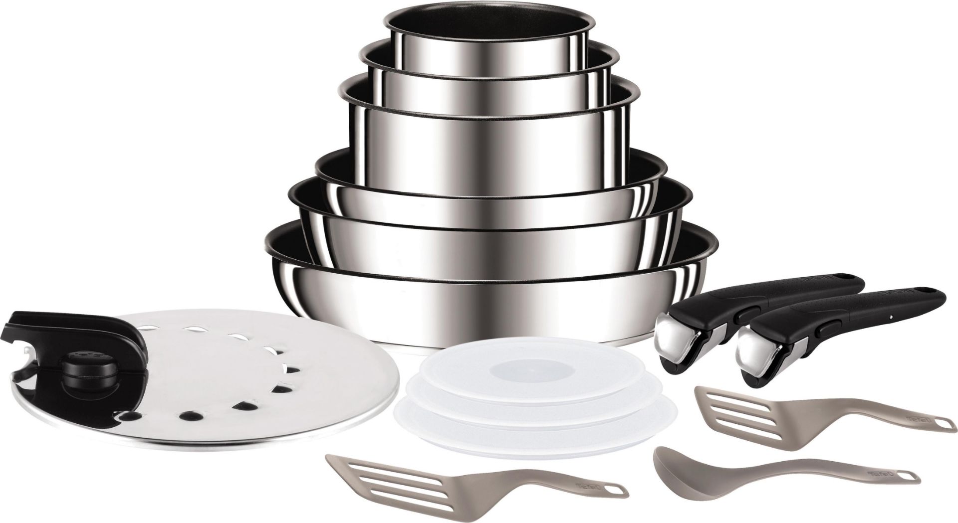 RRP-£185 Tefal Ingenio Stainless Steel Pots & Pans Set, 13 Pieces, Stackable, Removable Handle, Spac