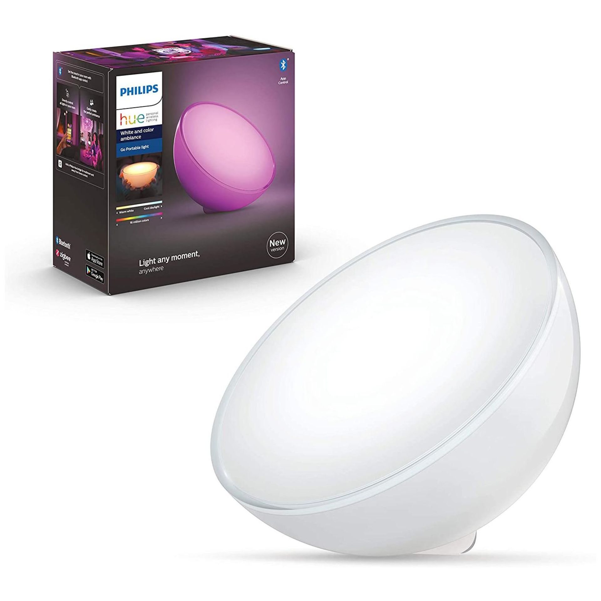 RRP-£70 Philips Hue Go 2.0 White & Colour Ambiance Smart Portable Light with Bluetooth, Works with A