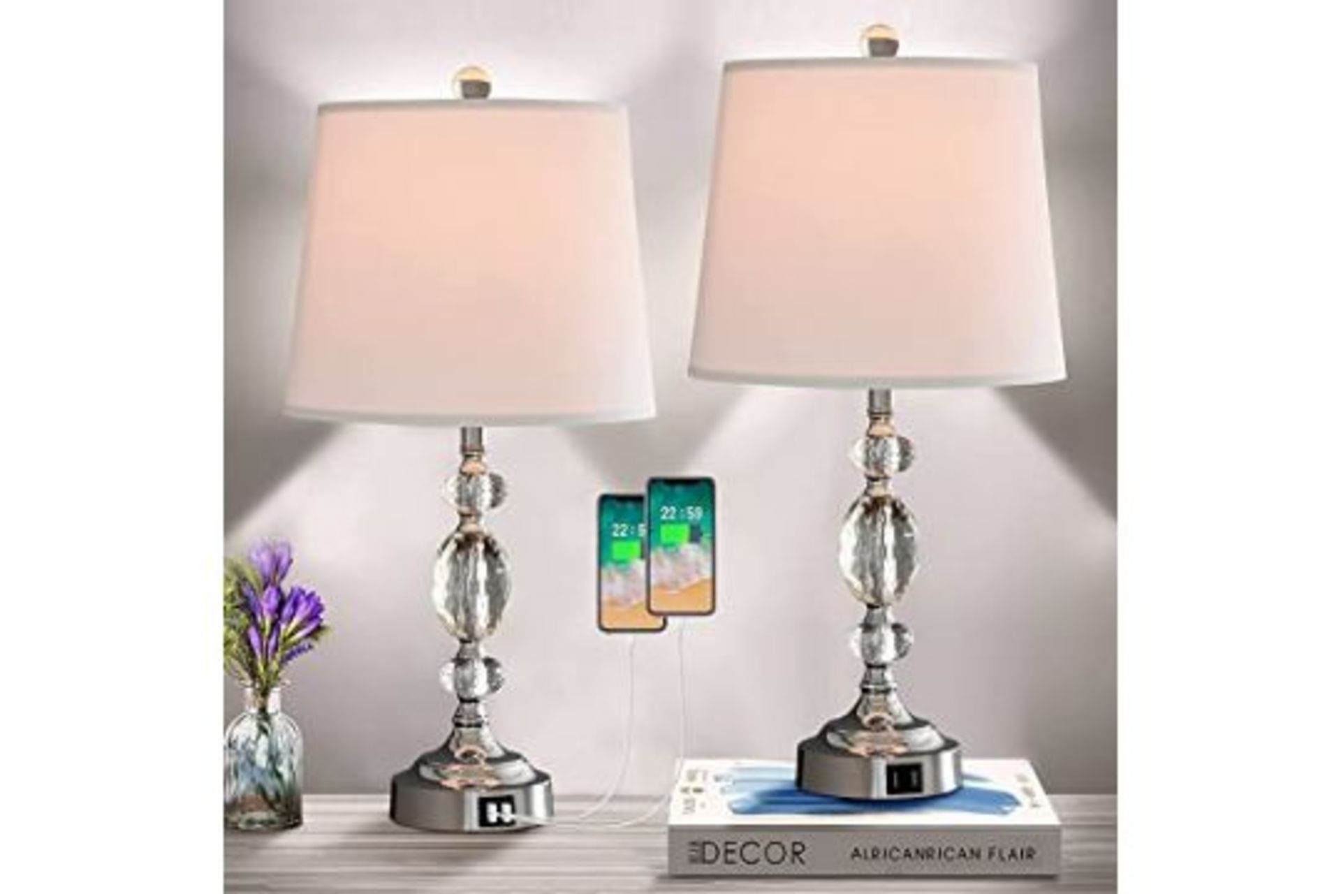 RRP-£70 Pauwer Clear Crystal Table Lamps Set of 2 with Double USB Charging Port Modern Bedside Table
