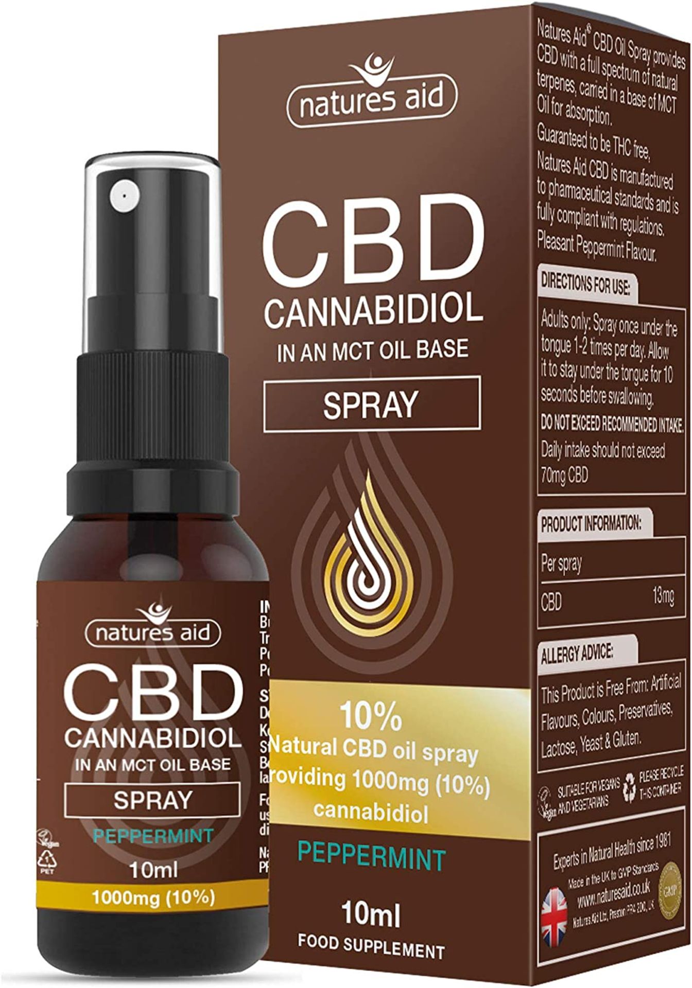 RRP-£38 Natures Aid CBD Oil 10% Spray, 1000 mg Cannabidiol, Natural Peppermint Flavour, 10 ml