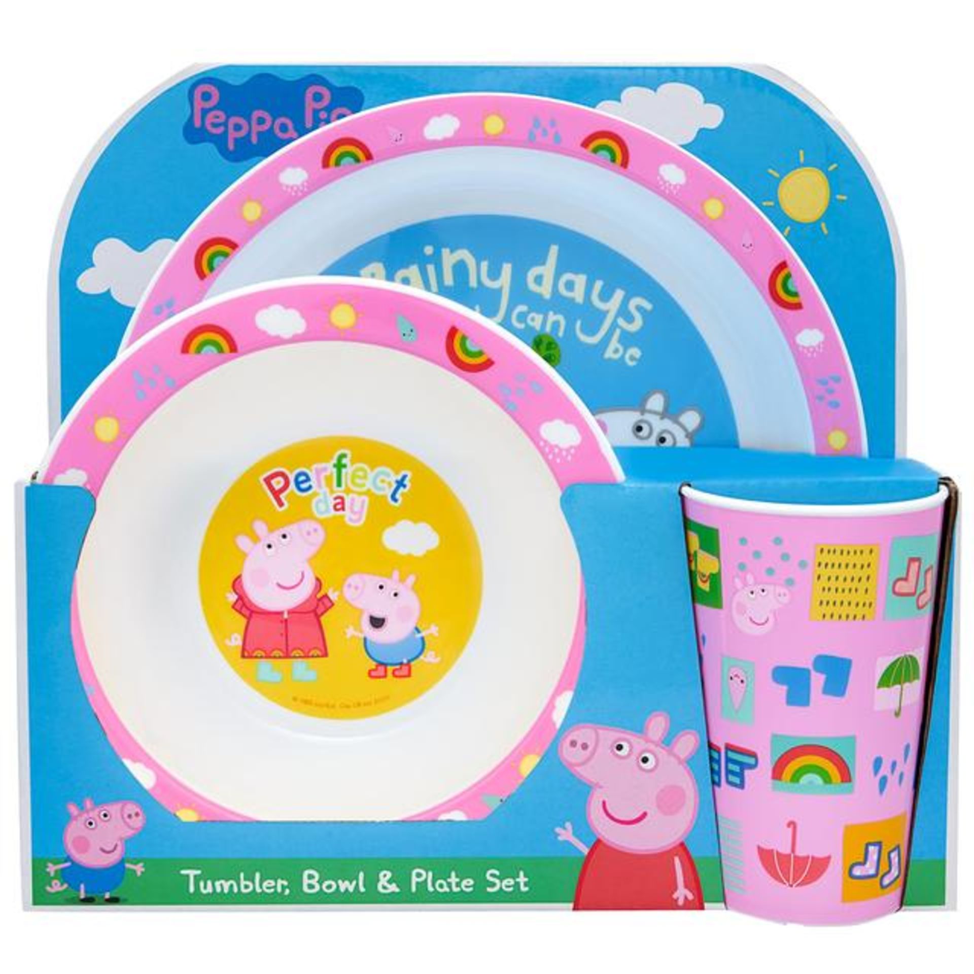 RRP-£7 Peppa Pig Perfect Day Kids Tableware 3 Piece Reusable PP Plate, Bowl & Cup Children â€“ Peppa