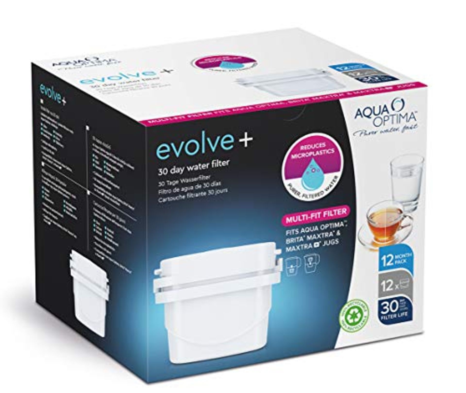 RRP-£20 Aqua Optima EPS612, 6 Pack Evolve+ 30 Day Water Filter Cartridges, (6 Month Pack), Plastic,