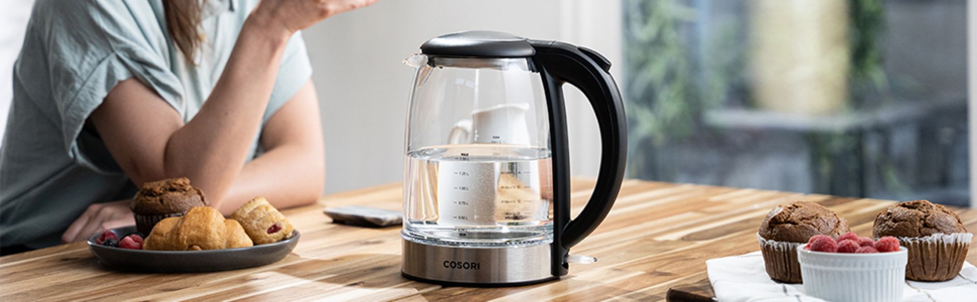 RRP-£23 COSORI Electric Glass Kettle 1.5L with Blue LED, 3000W for Fast and Quiet Boil, Stainless St
