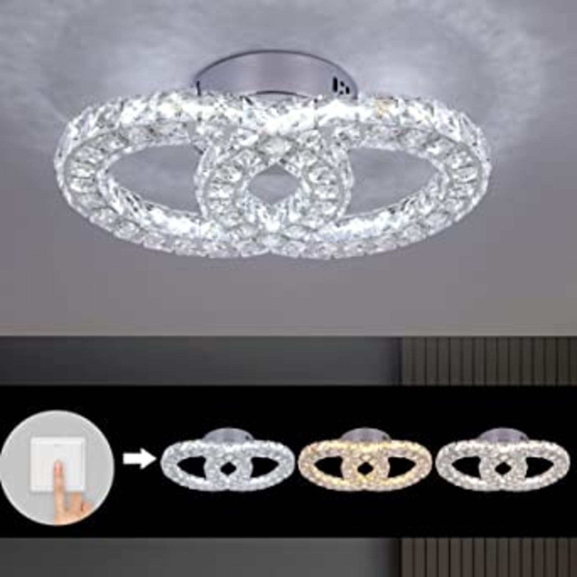 RRP-£60 GreeLustr Crystal Chandelier Light Fixture, 3-Color Changeable Crystal Led Ceiling Lights, R