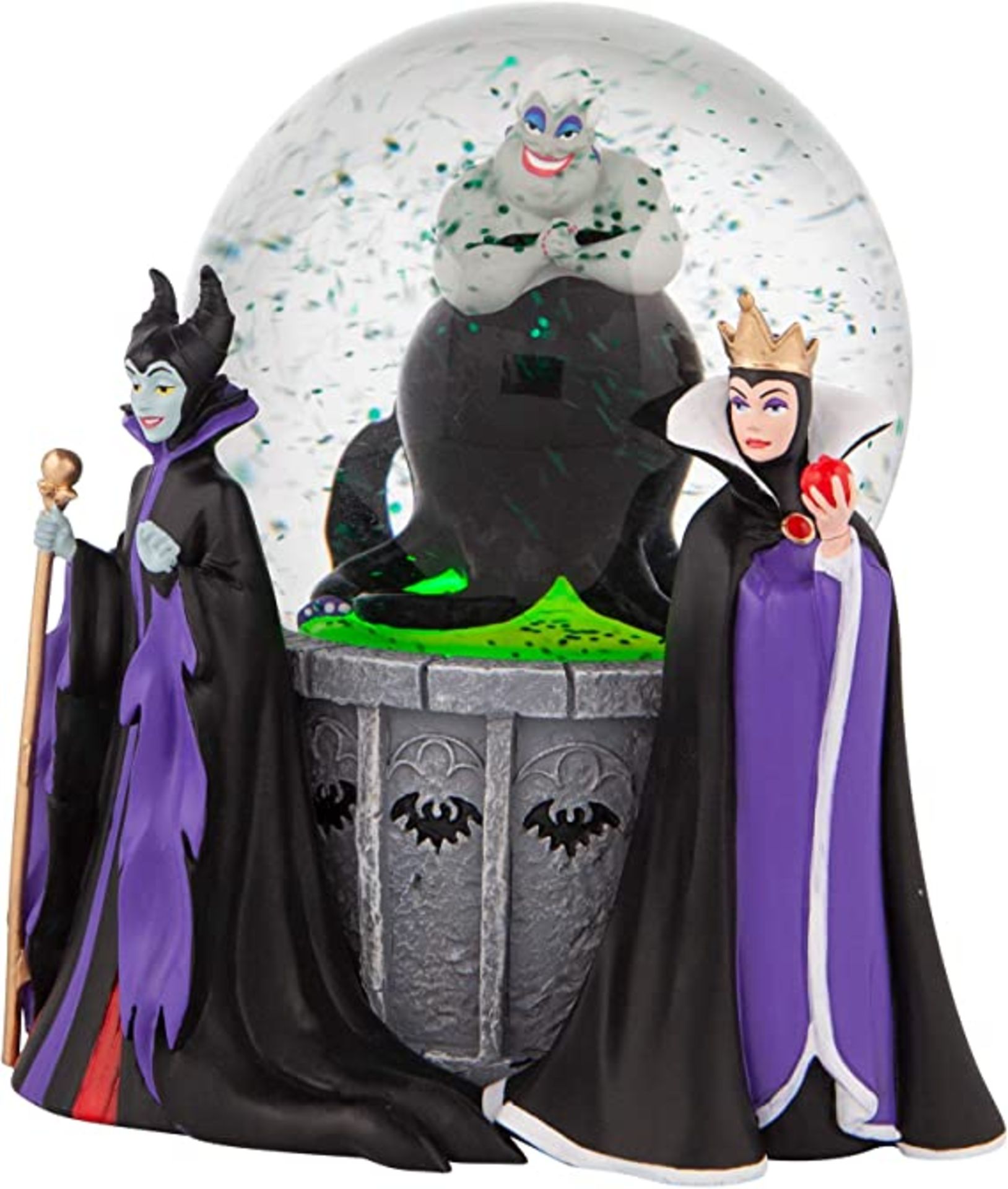 RRP-£60 Enesco,Multicolor Disney Villains Ursula, Maleficent and Evil Queen Lit Waterglobe Waterball