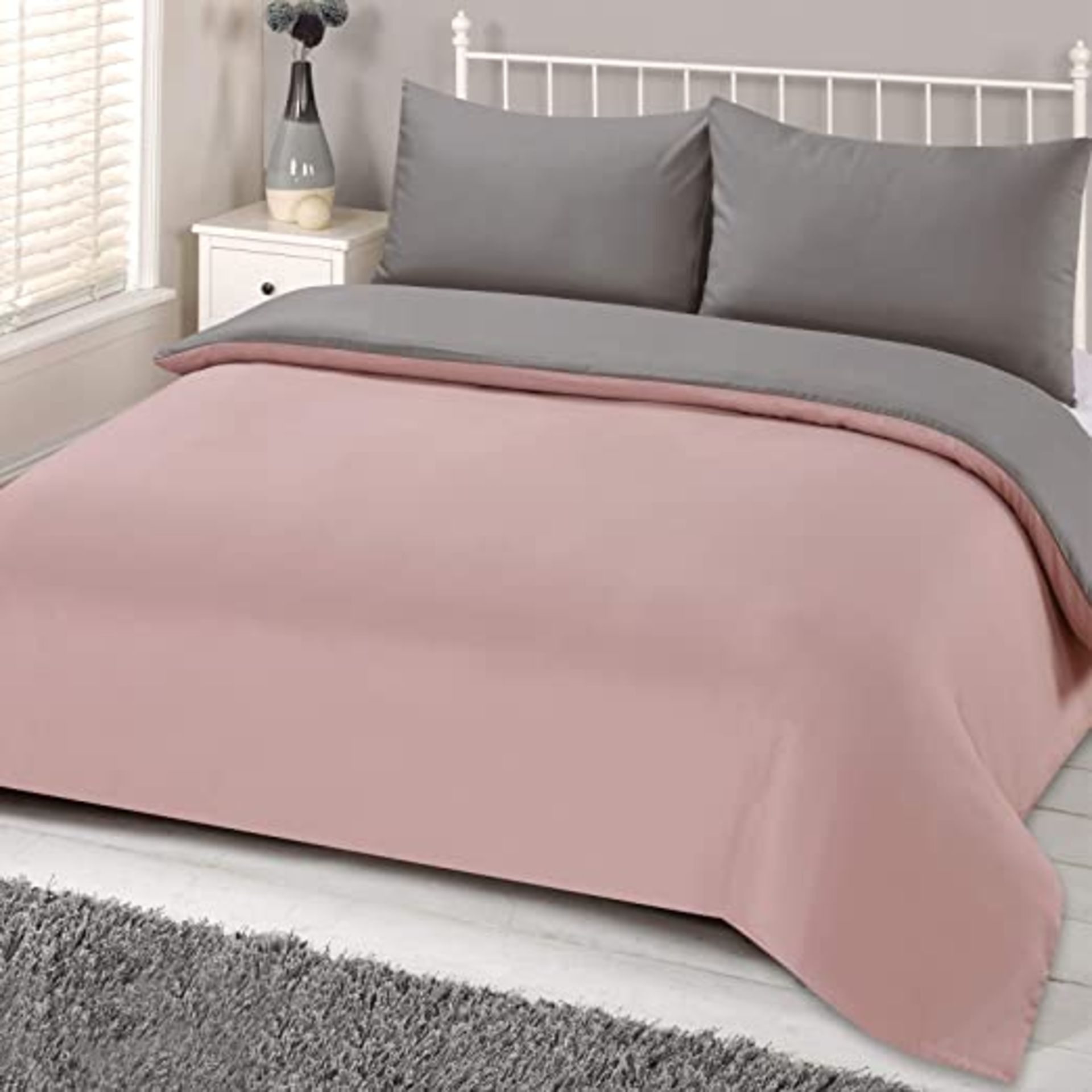 RRP-£12 Brentfords Plain Dye Duvet Cover Quilt Bedding Set With Pillowcase, Blush Pink Grey - Double