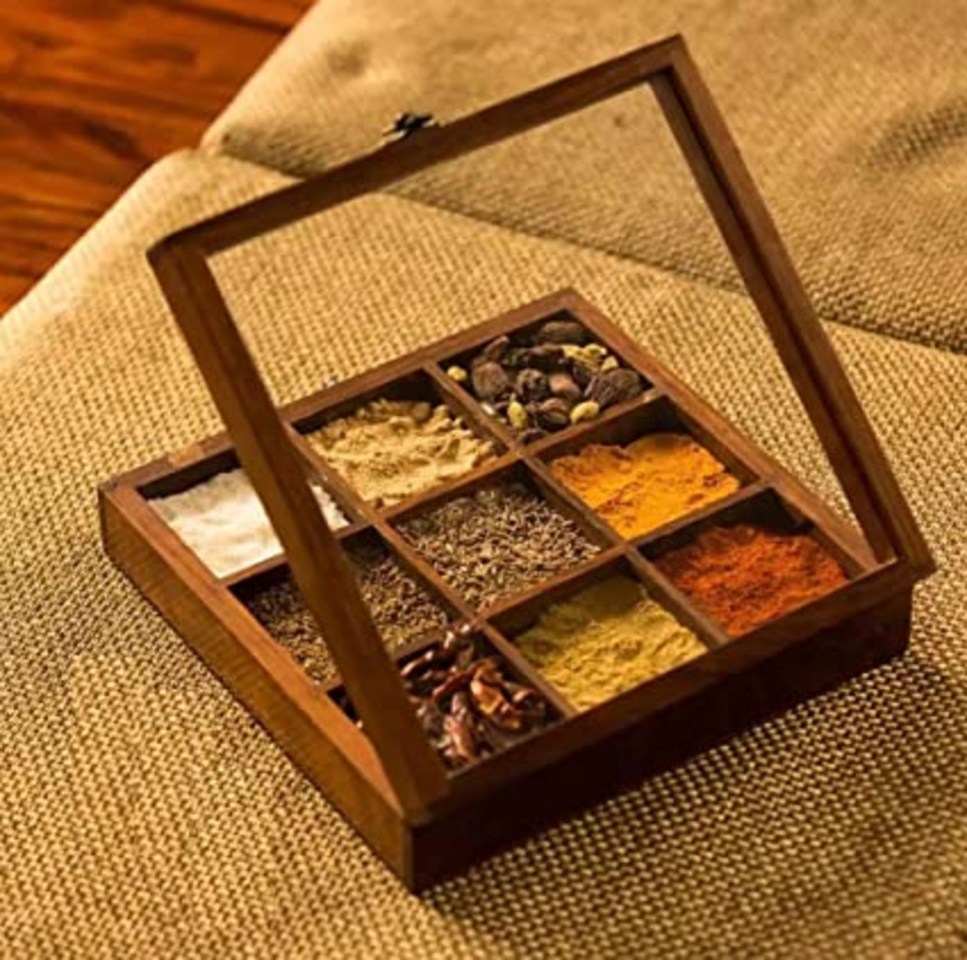 RRP-£19 Wooden Spice Rack Organizer Storage Box with Lid, 9 Small Compartments Masala Dabba and Slid